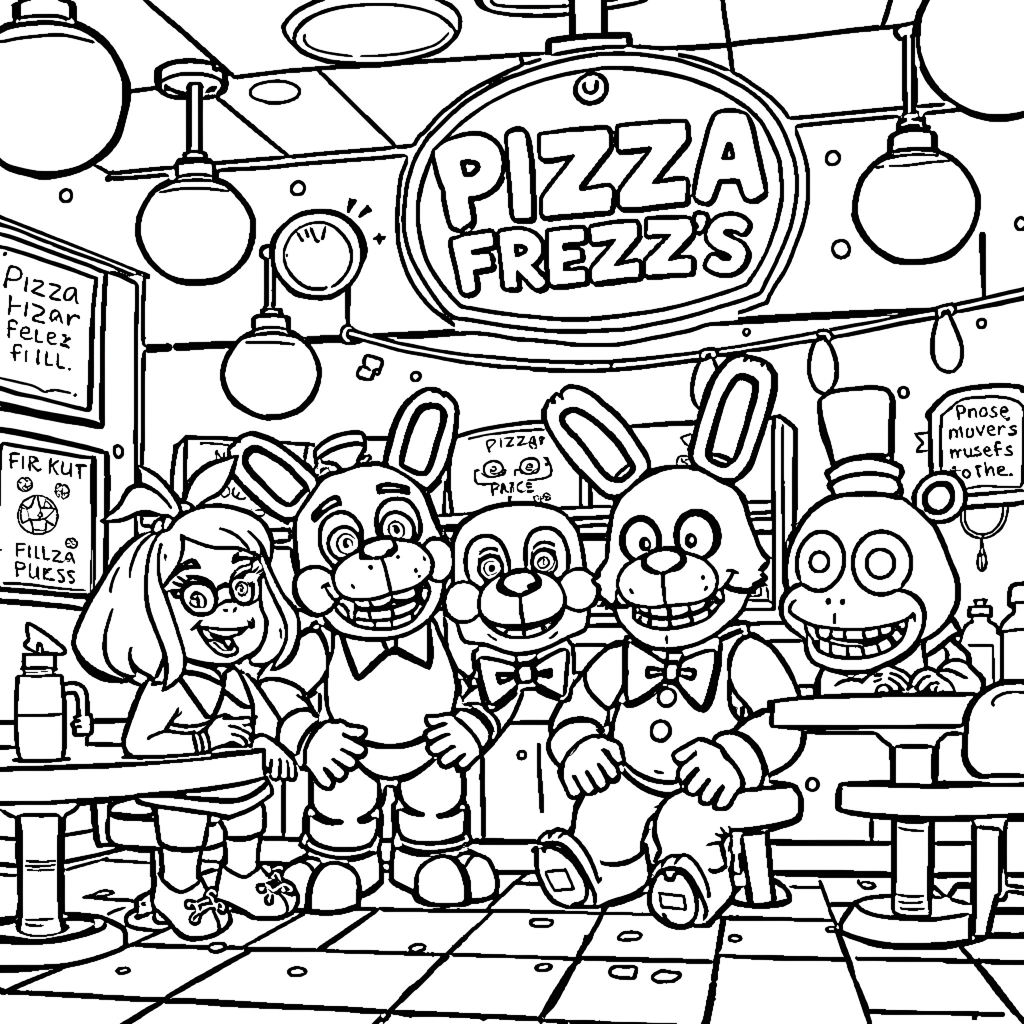 Pizza Frezz's Cartoon Critters in Funky Restaurant Coloring Page (free black-and-white line drawing printable PDF for all, from beginners to advanced learners, including children, teens, adults, and seniors)