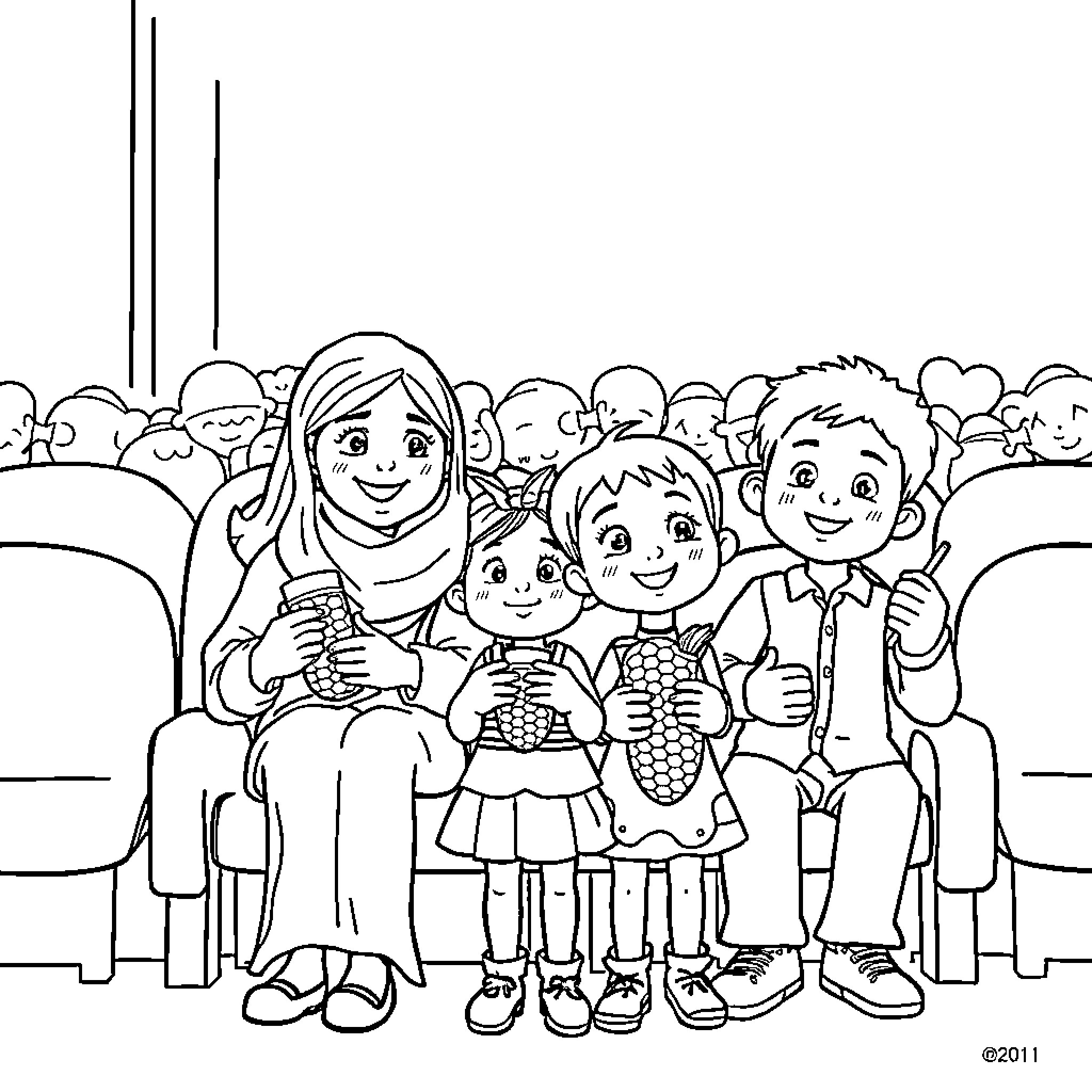 Nina's Family in a Joyful Gathering Coloring Page (free black-and-white line drawing printable PDF for all, from beginners to advanced learners, including children, teens, adults, and seniors)