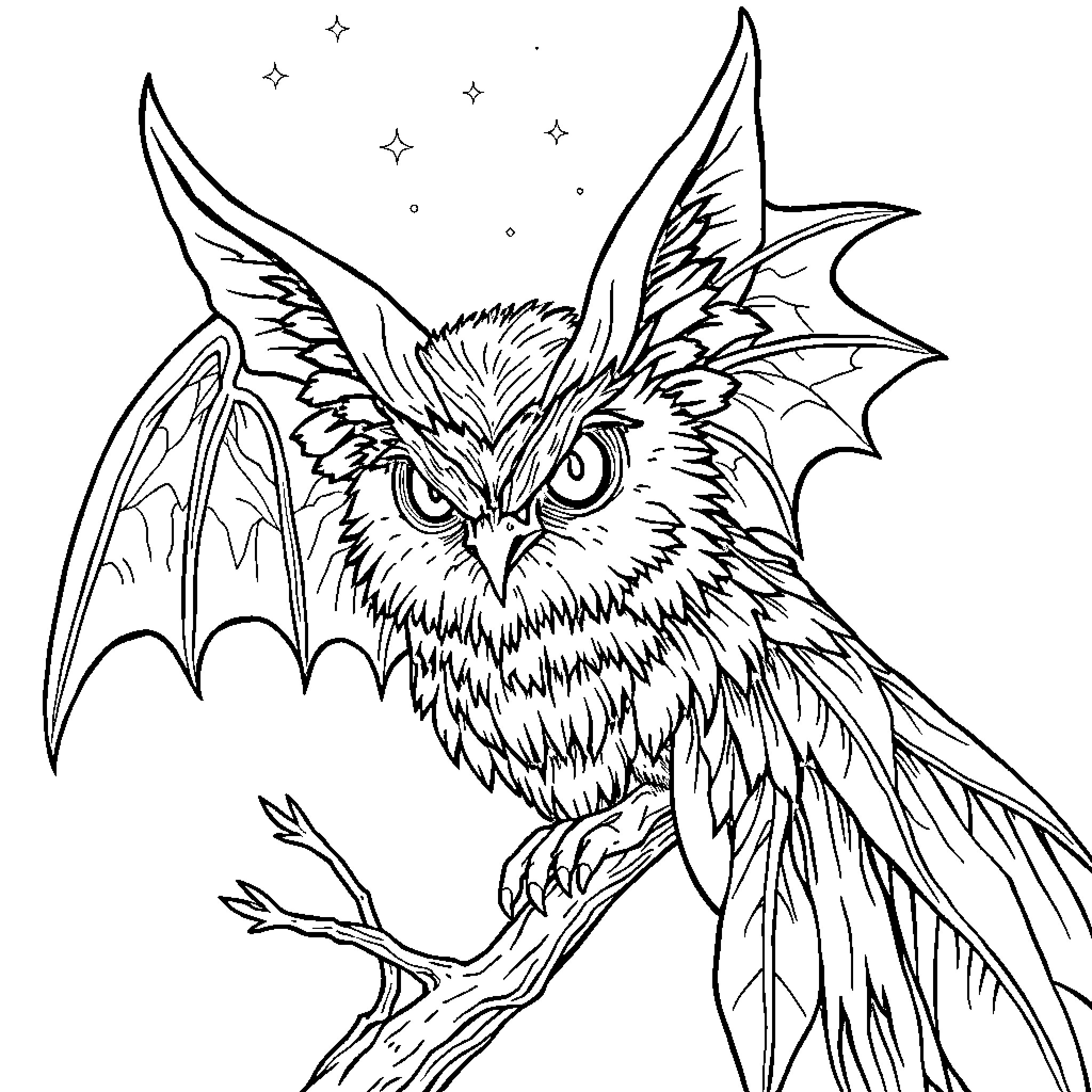 Murcielago with Curious Expression and Detailed Wings Coloring Page (free black-and-white line drawing printable PDF for all, from beginners to advanced learners, including children, teens, adults, and seniors)