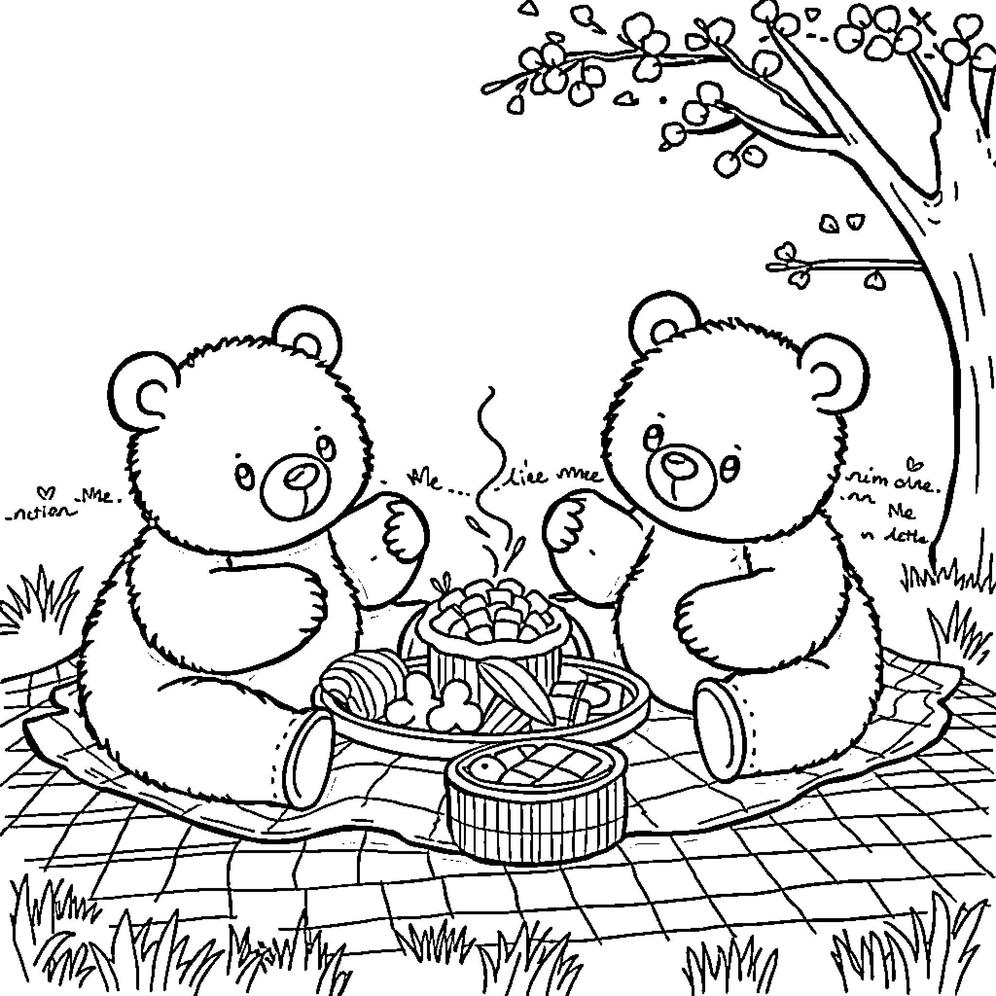 Bear Picnic in the Park Coloring Page (free black-and-white line drawing printable PDF for all, from beginners to advanced learners, including children, teens, adults, and seniors)