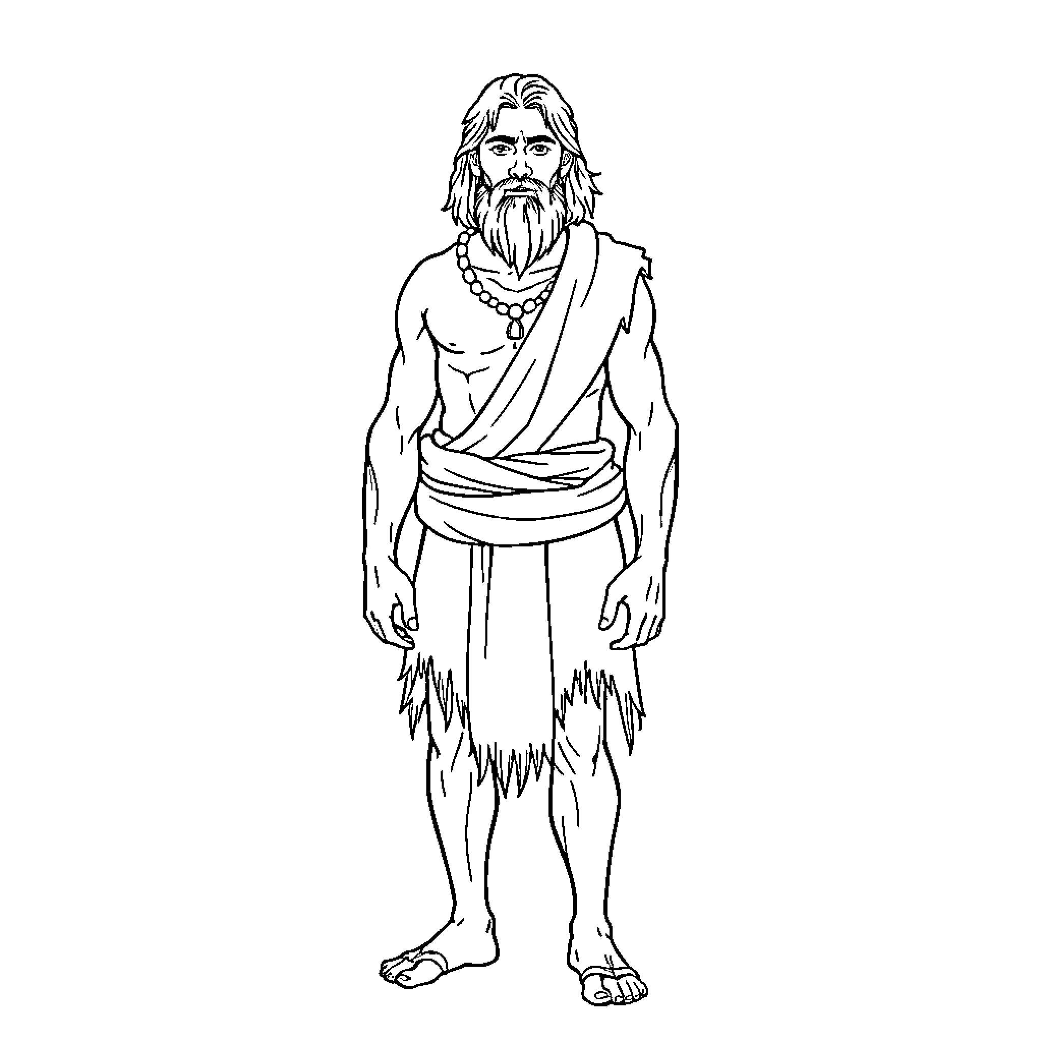 Adam, the long-haired bearded man in tribal attire Coloring Page (free black-and-white line drawing printable PDF for all, from beginners to advanced learners, including children, teens, adults, and seniors)