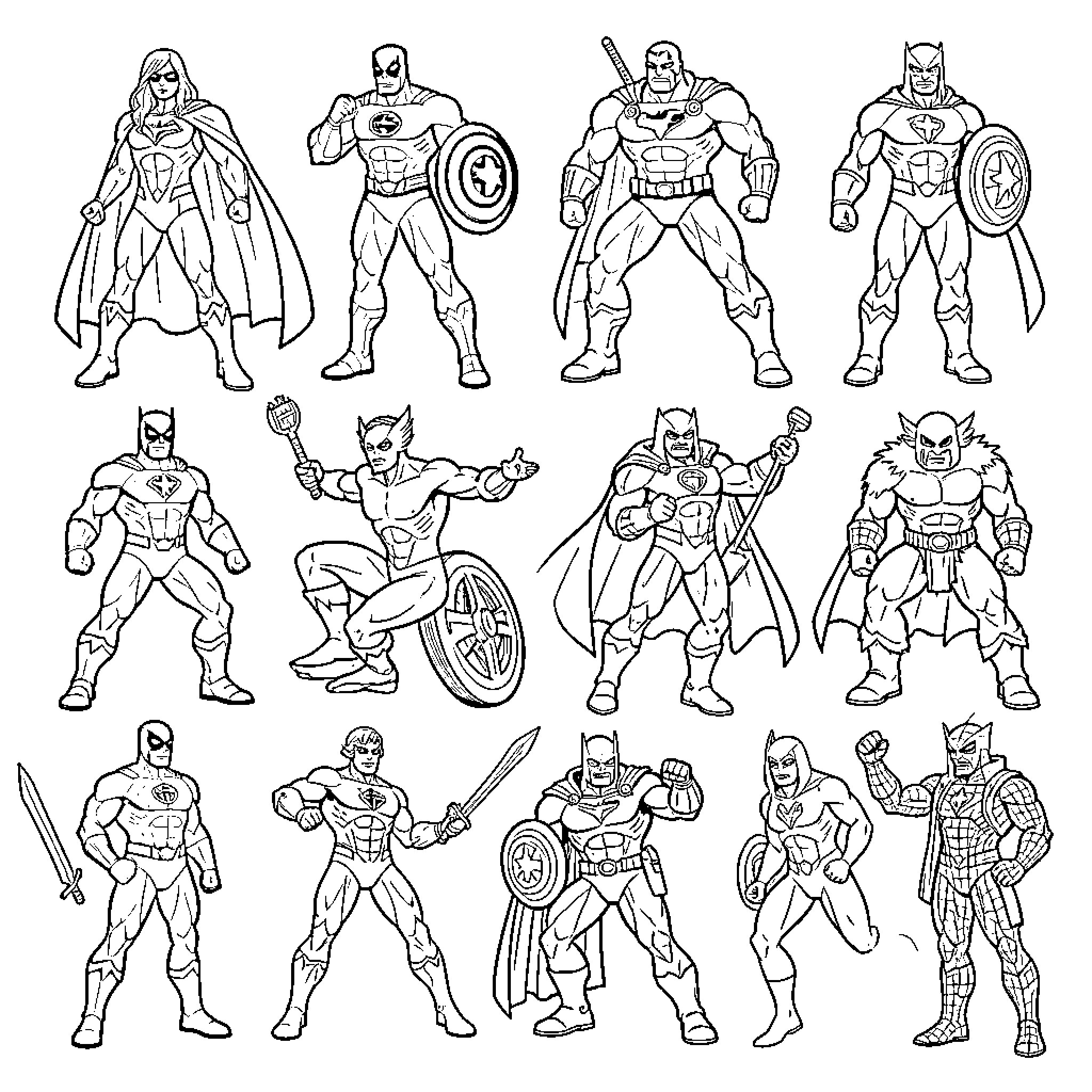 Marvel Superheroes in Various Action-Packed Poses Coloring Page (free black-and-white line drawing printable PDF for all, from beginners to advanced learners, including children, teens, adults, and seniors)