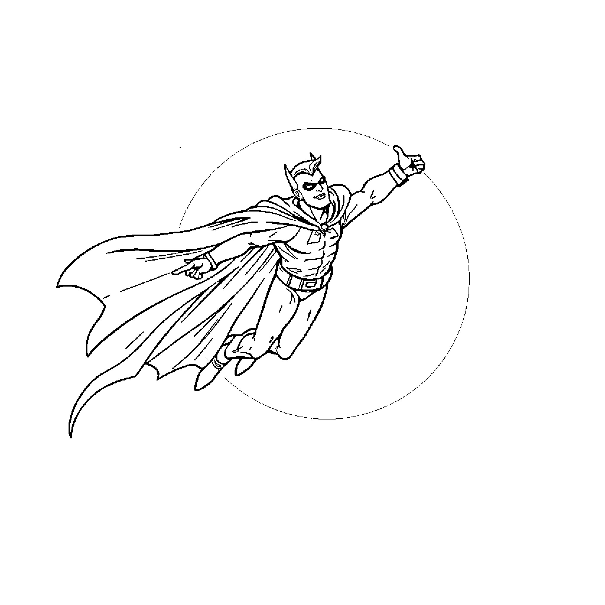 Badman heroically flying in action pose Coloring Page (free black-and-white line drawing printable PDF for all, from beginners to advanced learners, including children, teens, adults, and seniors)