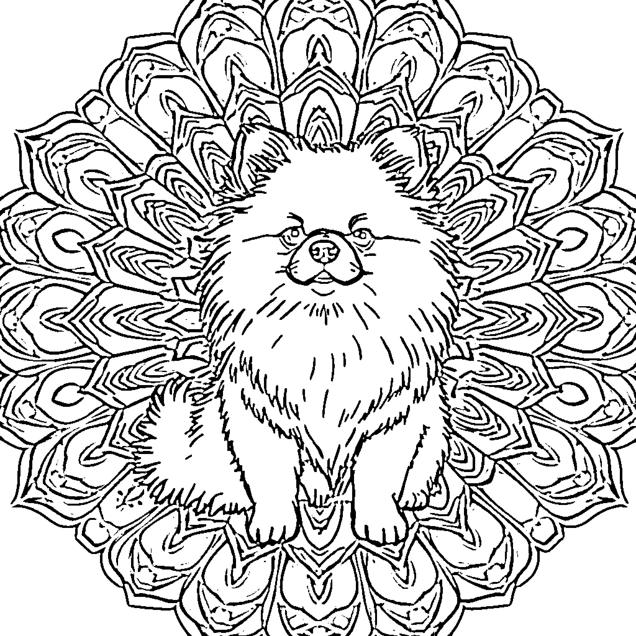 Pomeranian sitting calmly on mandala pattern Coloring Page (free black-and-white line drawing printable PDF for all, from beginners to advanced learners, including children, teens, adults, and seniors)