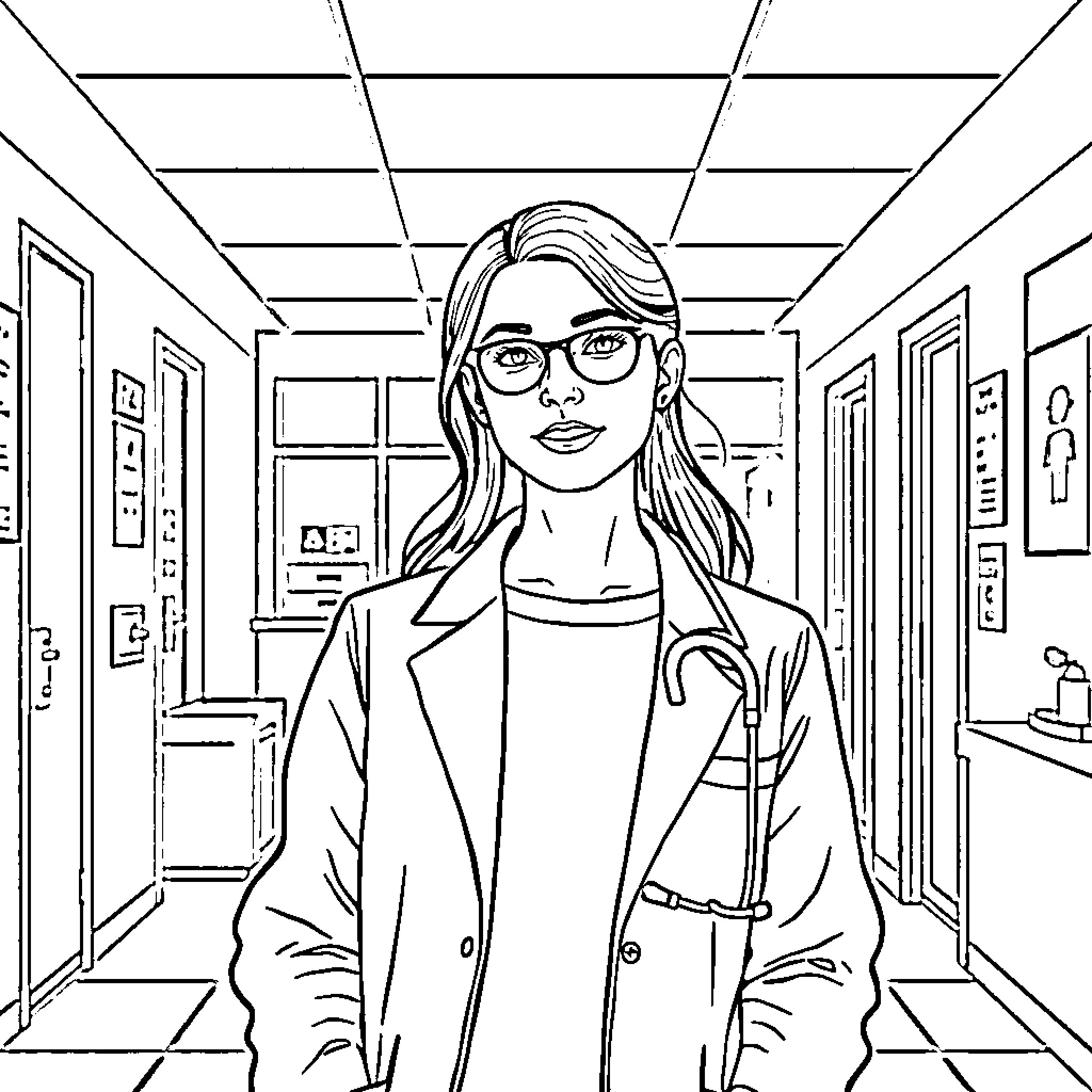 Doctor examining patient in clinic Coloring Page (free black-and-white line drawing printable PDF for all, from beginners to advanced learners, including children, teens, adults, and seniors)
