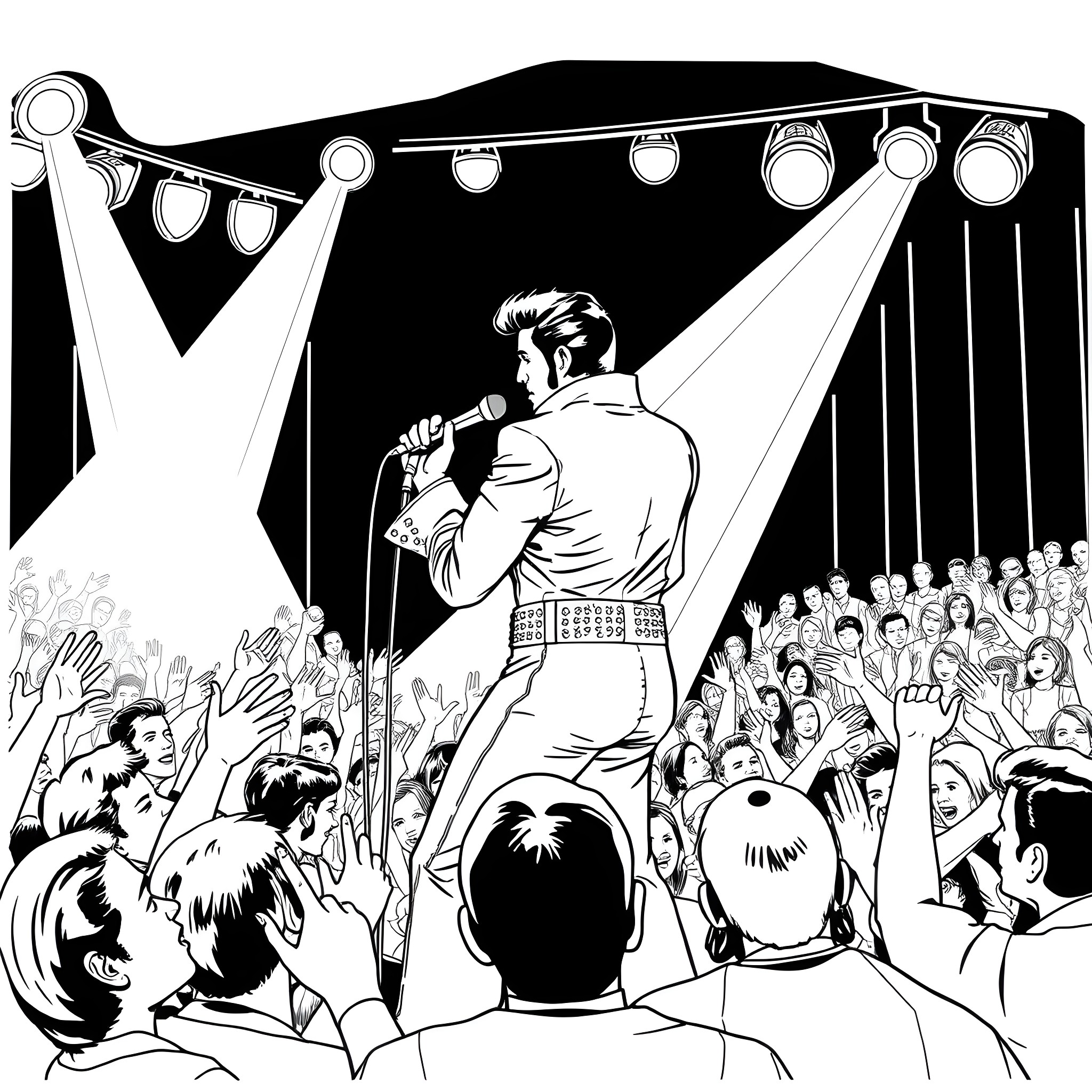 Elvis captivating the crowd on stage Coloring Page (free black-and-white line drawing printable PDF for all, from beginners to advanced learners, including children, teens, adults, and seniors)