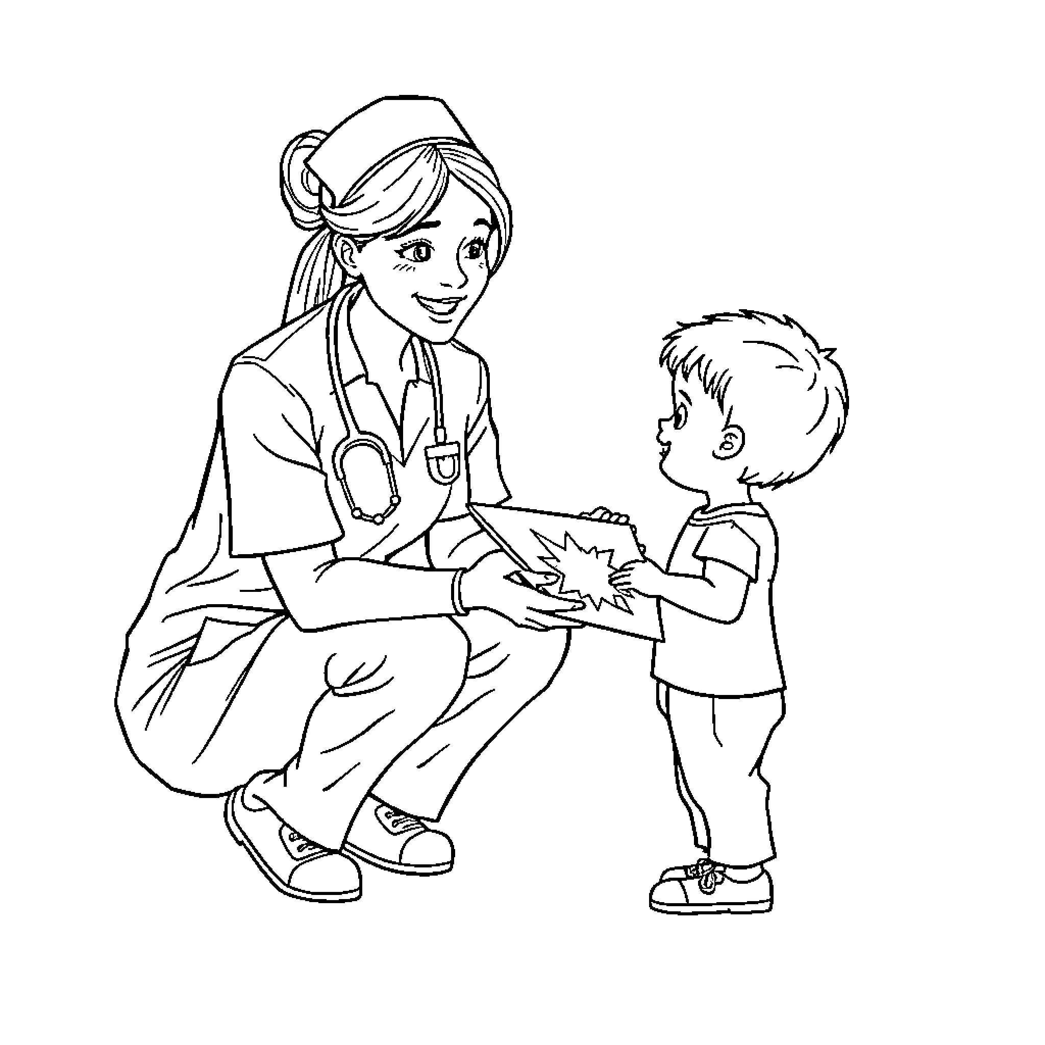 Nurse Comforting Young Patient Coloring Page (free black-and-white line drawing printable PDF for all, from beginners to advanced learners, including children, teens, adults, and seniors)