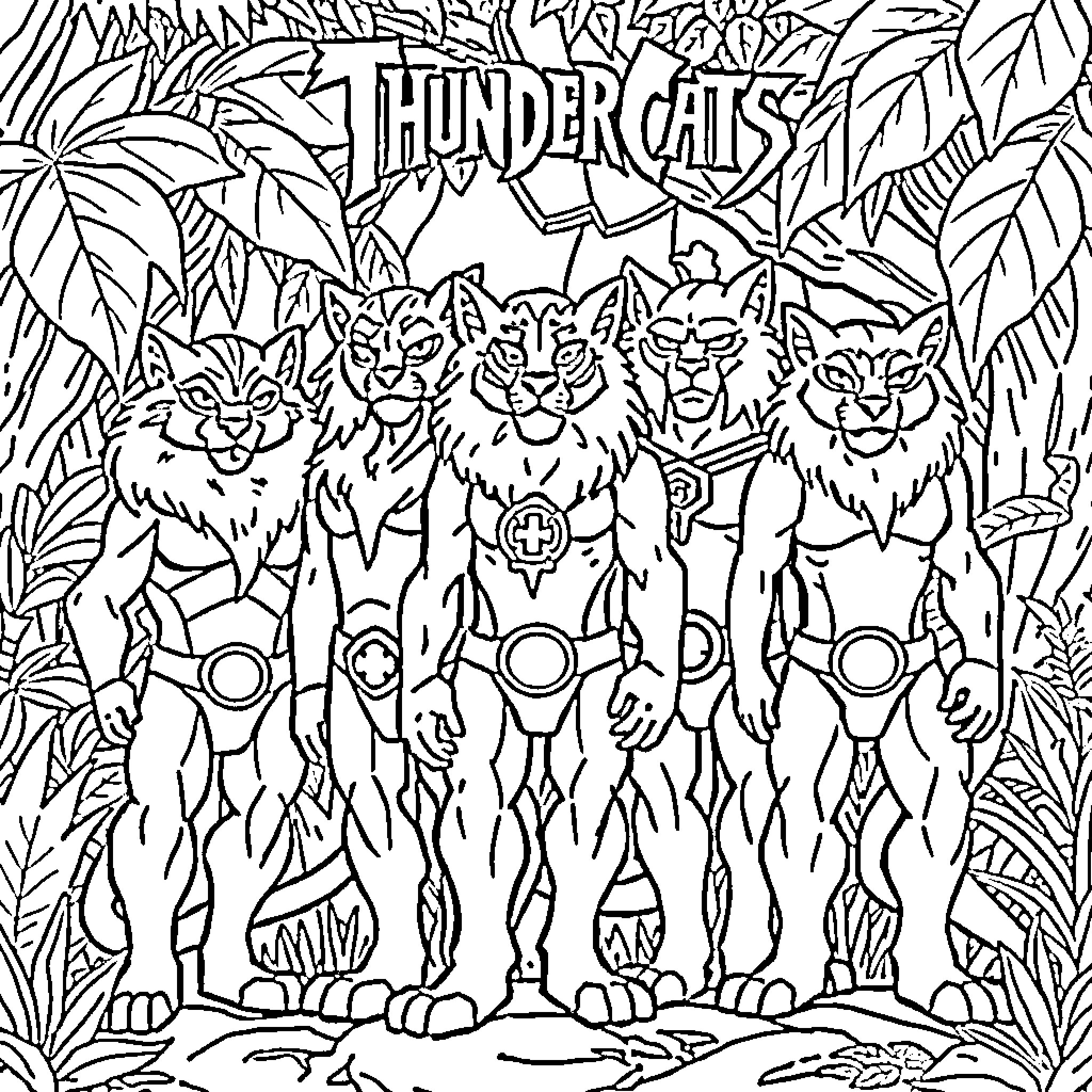 Thundercats team posing in forest environment Coloring Page (free black-and-white line drawing printable PDF for all, from beginners to advanced learners, including children, teens, adults, and seniors)