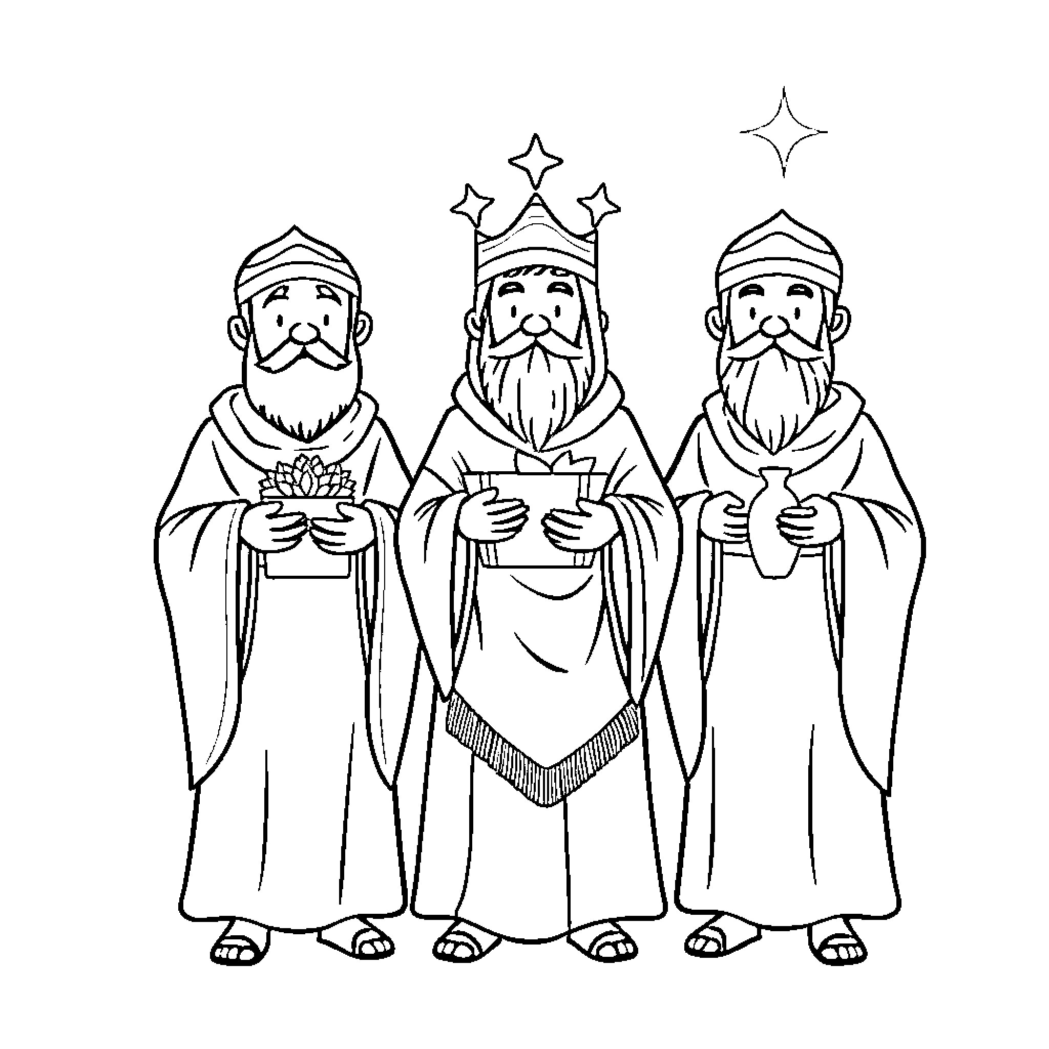 Wise Men in Ceremonial Robes and Hats Coloring Page (free black-and-white line drawing printable PDF for all, from beginners to advanced learners, including children, teens, adults, and seniors)