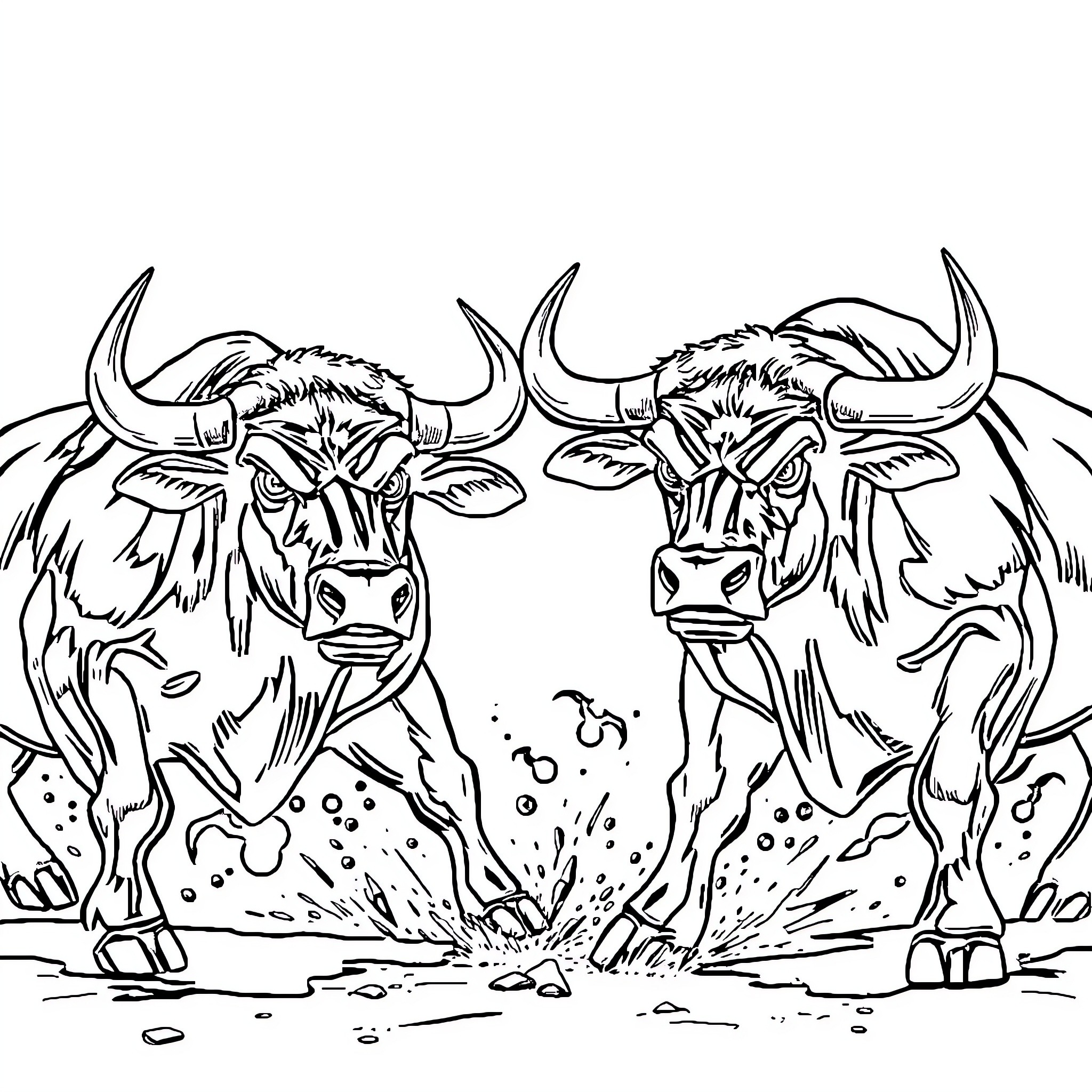 Bull Faces in Muddy Terrain Coloring Page (free black-and-white line drawing printable PDF for all, from beginners to advanced learners, including children, teens, adults, and seniors)