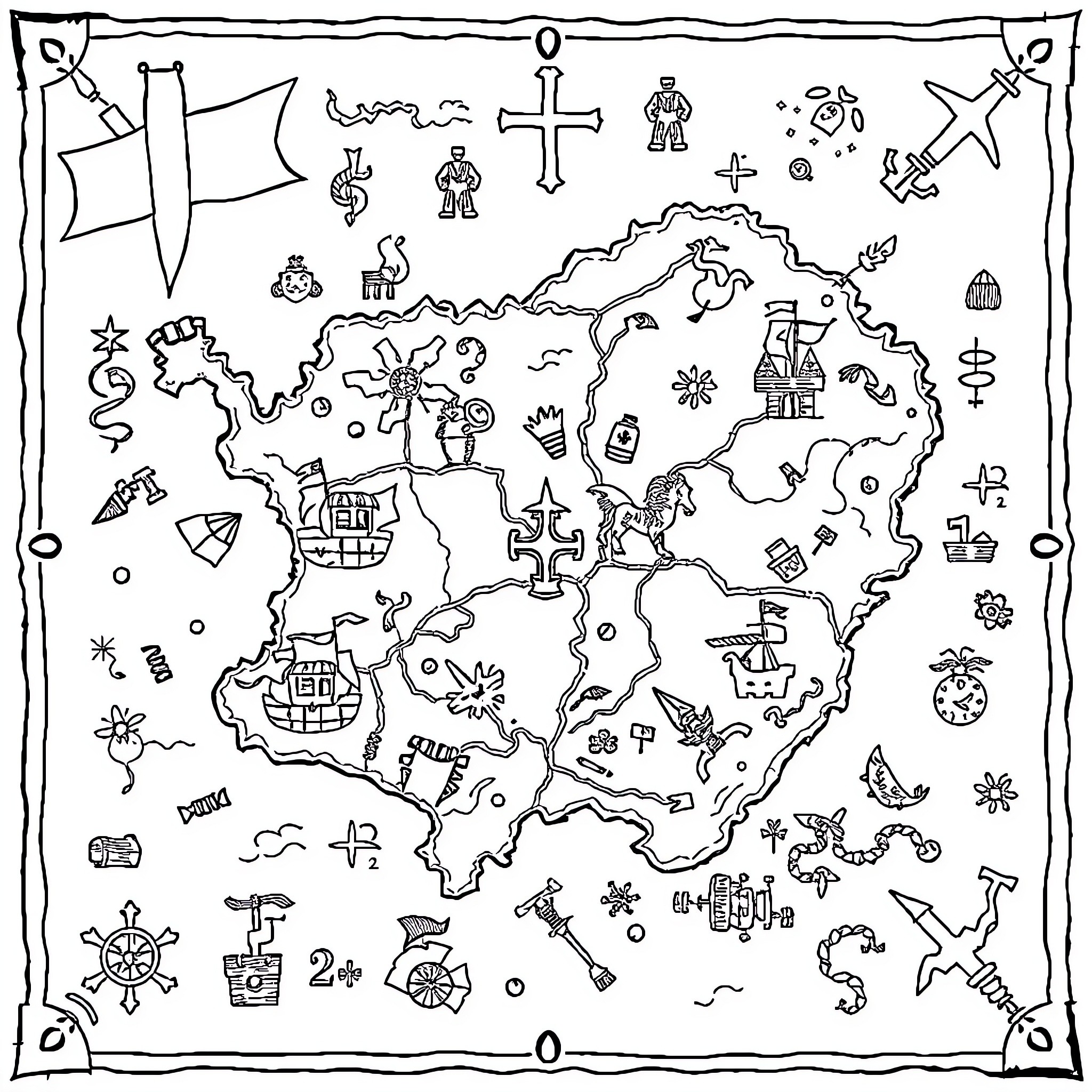 Treasure Map of Fantastical Landscapes and Symbols Coloring Page (free black-and-white line drawing printable PDF for all, from beginners to advanced learners, including children, teens, adults, and seniors)