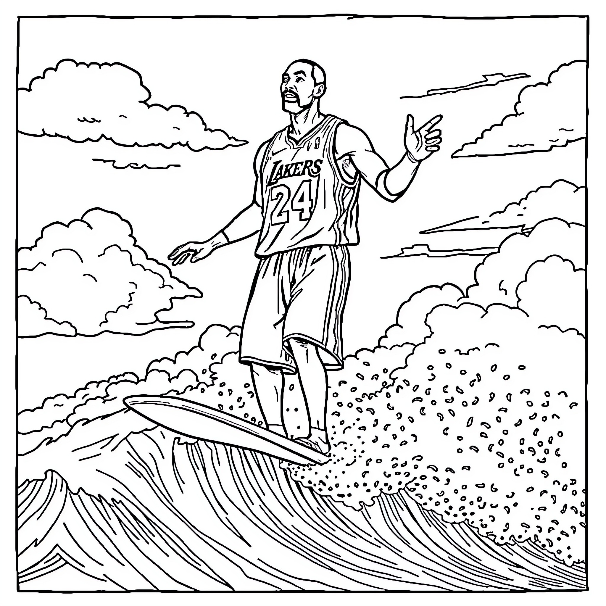 Kobe Bryant surfing on a giant wave Coloring Page (free black-and-white line drawing printable PDF for all, from beginners to advanced learners, including children, teens, adults, and seniors)