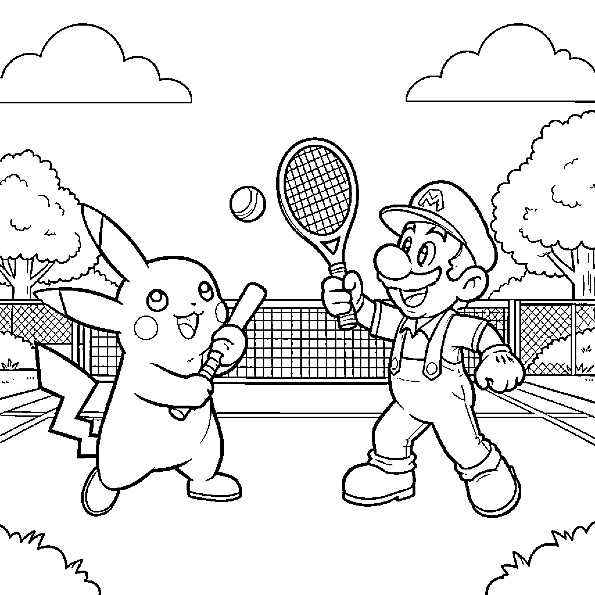 Pikachu playing tennis with Mario on a court Coloring Page (free black-and-white line drawing printable PDF for all, from beginners to advanced learners, including children, teens, adults, and seniors)