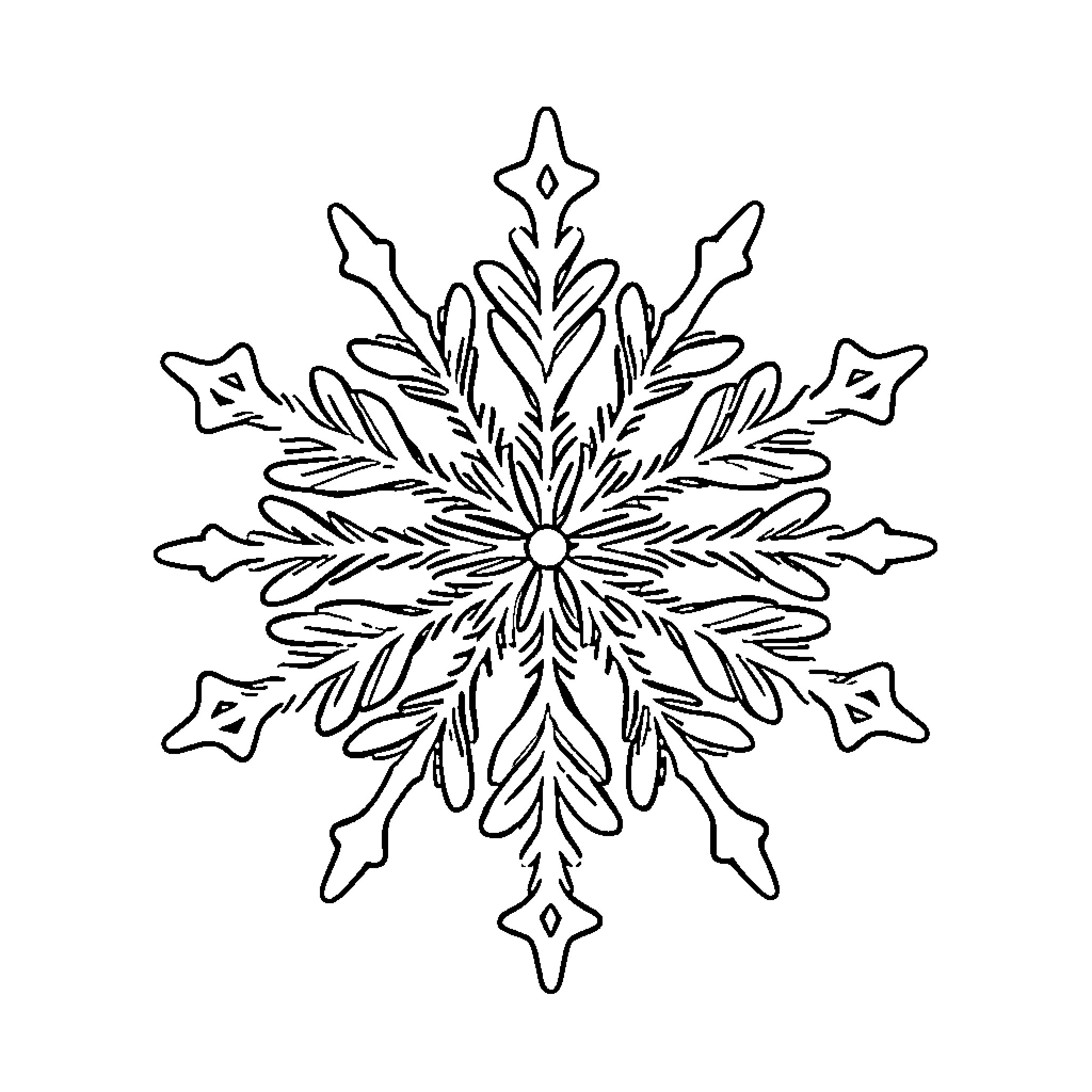 Snowflake with intricate patterns and design Coloring Page (free black-and-white line drawing printable PDF for all, from beginners to advanced learners, including children, teens, adults, and seniors)
