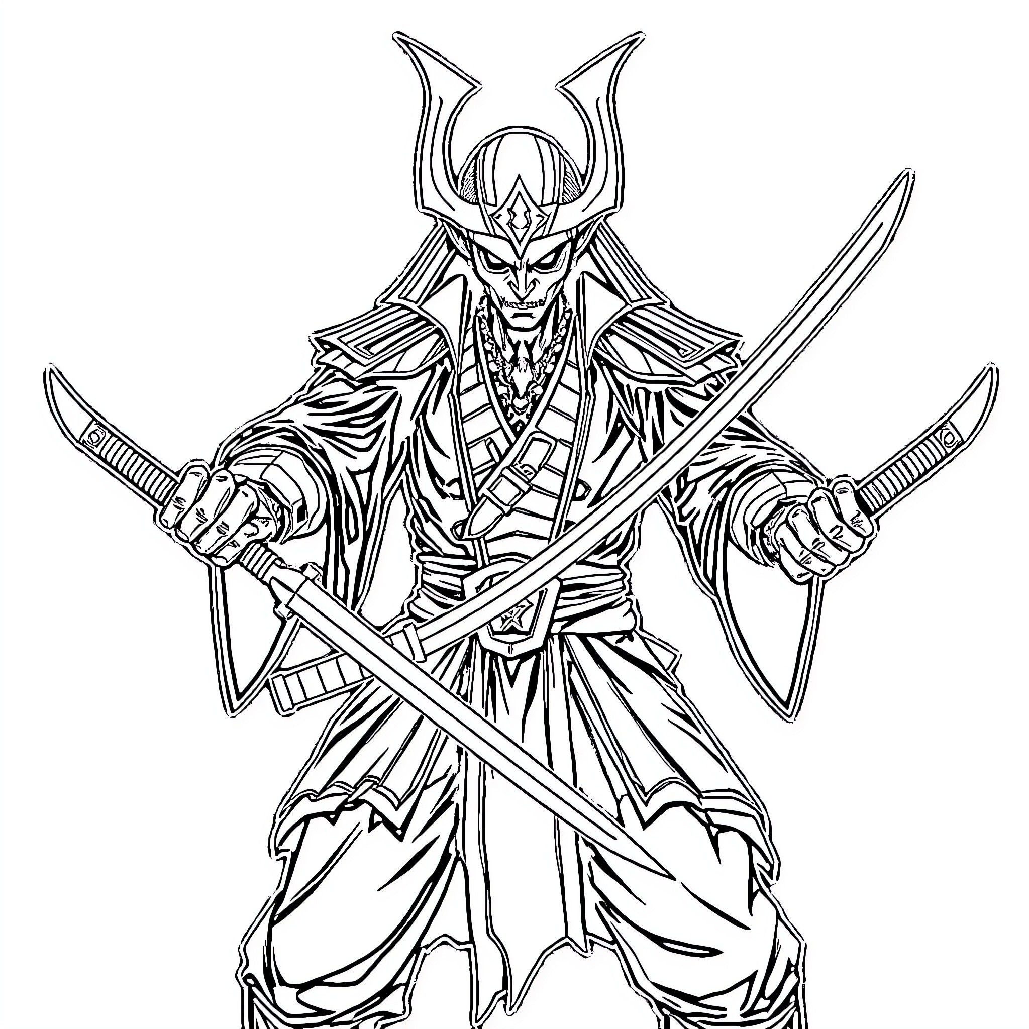 Vampire Samurai wielding dual swords in dramatic pose Coloring Page (free black-and-white line drawing printable PDF for all, from beginners to advanced learners, including children, teens, adults, and seniors)