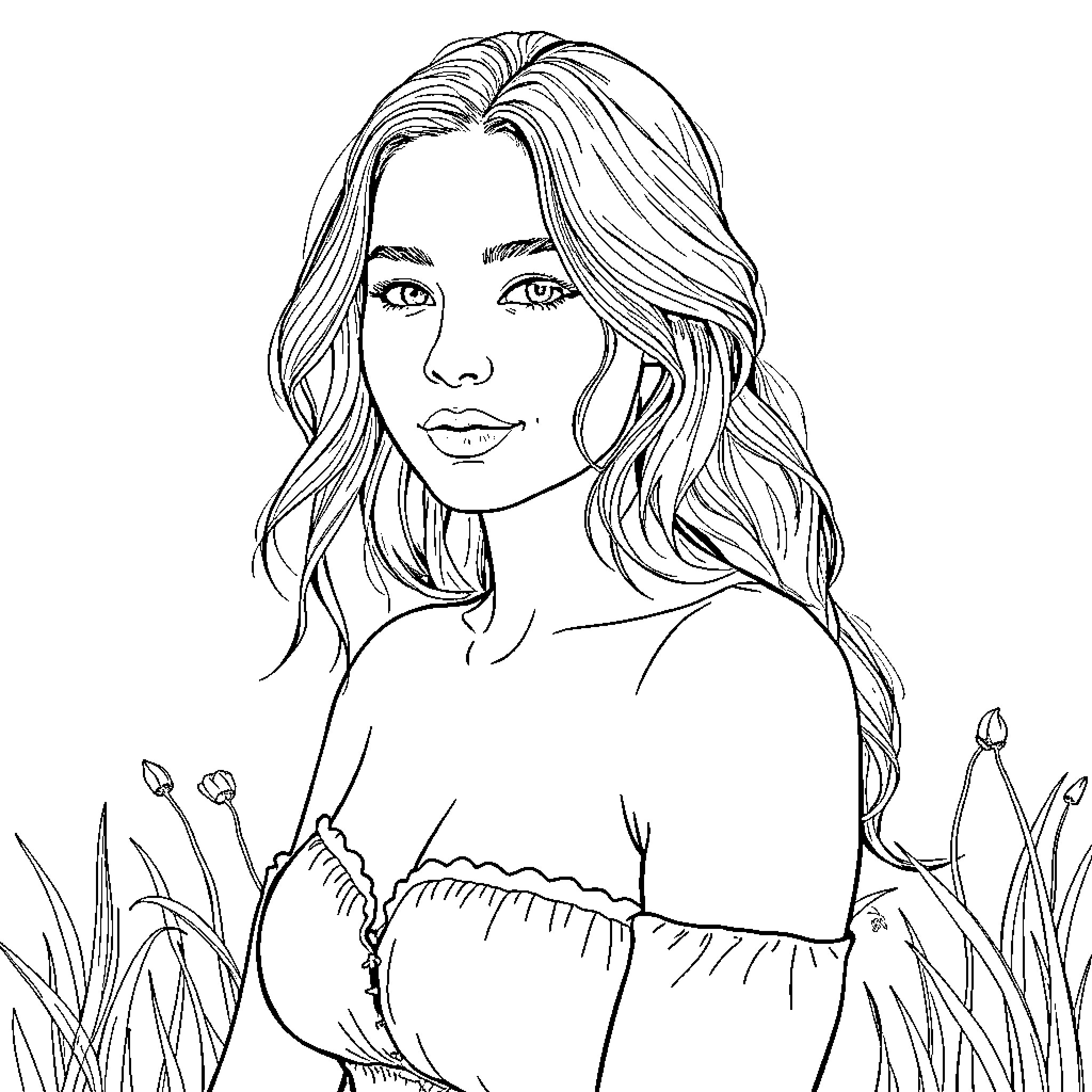 Sydney Sweeney in a peaceful meadow setting Coloring Page (free black-and-white line drawing printable PDF for all, from beginners to advanced learners, including children, teens, adults, and seniors)