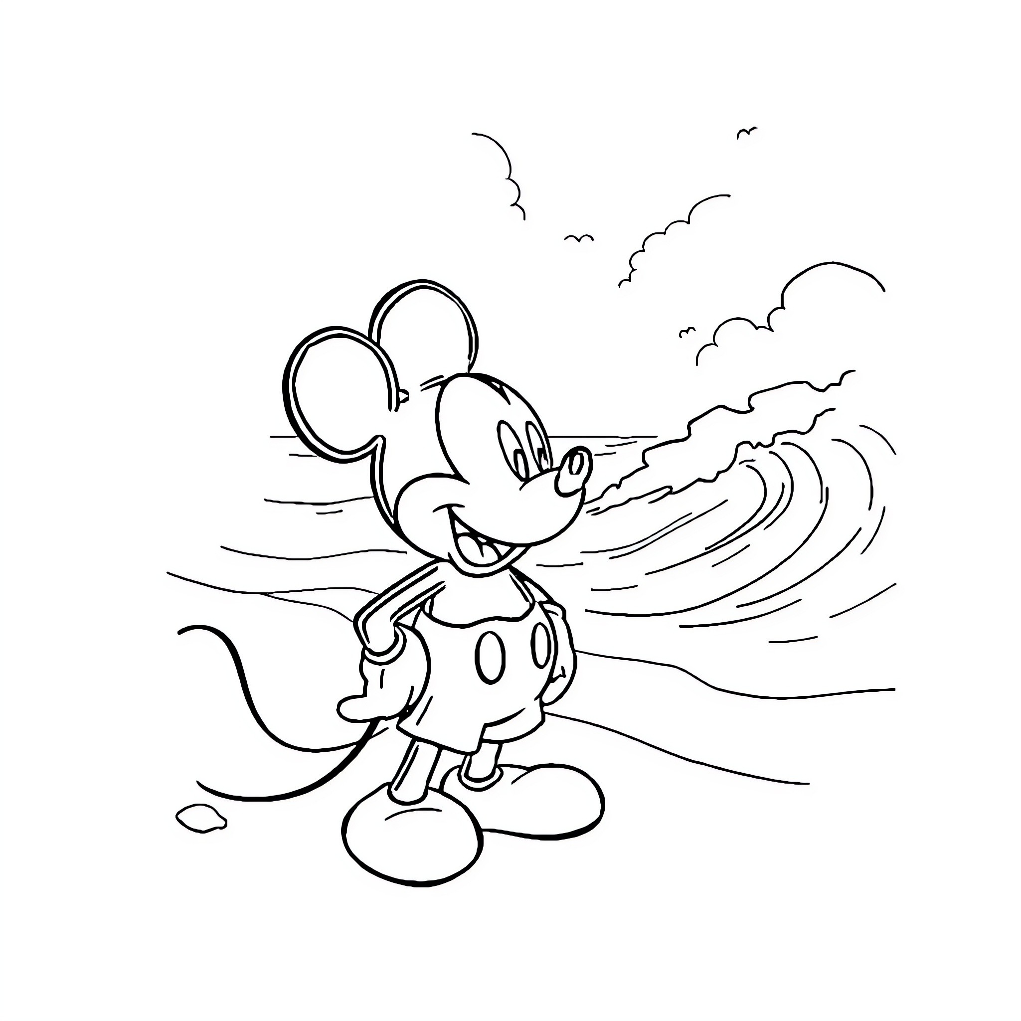 Mickey Enjoying the Beach Scenery Coloring Page (free black-and-white line drawing printable PDF for all, from beginners to advanced learners, including children, teens, adults, and seniors)