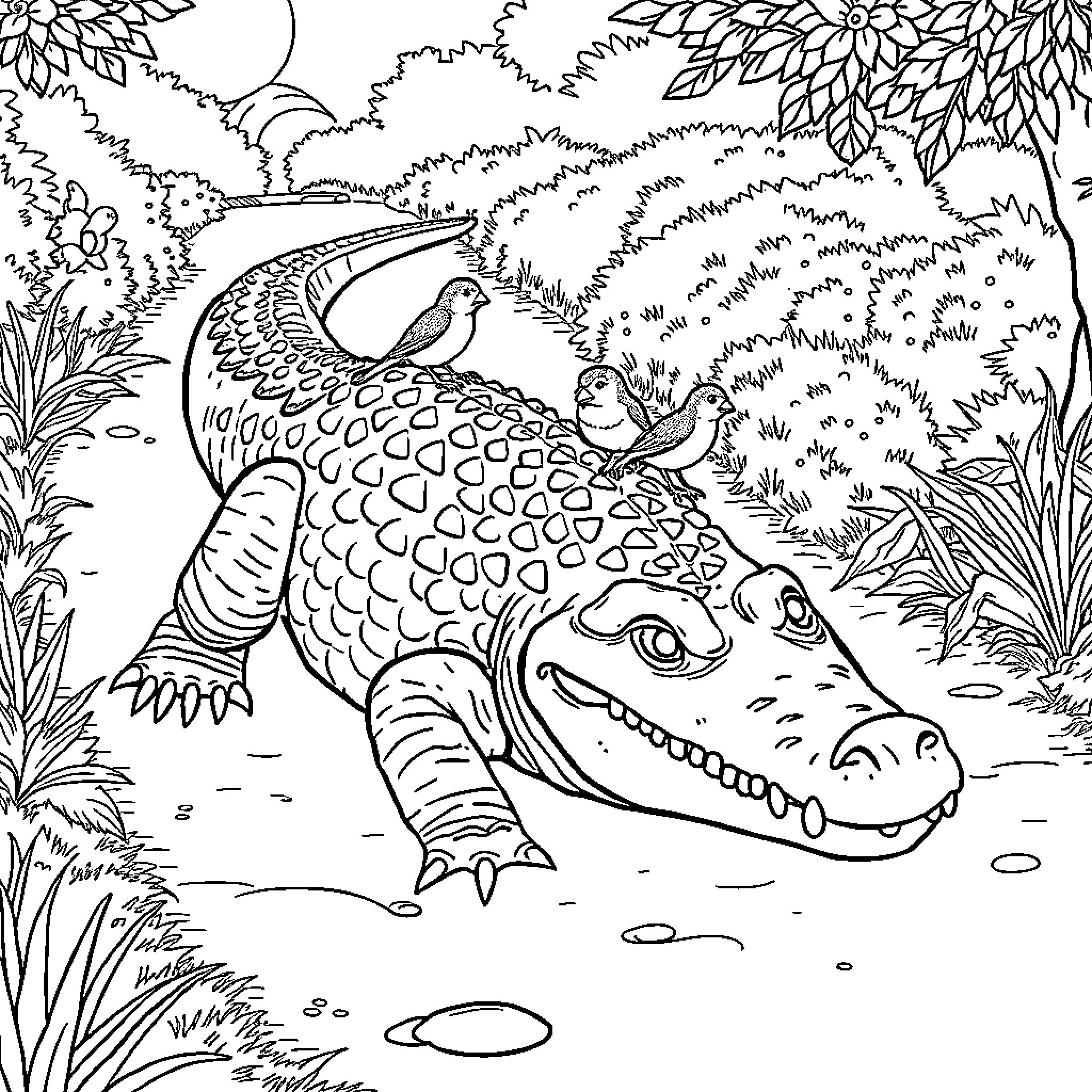 Crocodile basking in the jungle surroundings Coloring Page (free black-and-white line drawing printable PDF for all, from beginners to advanced learners, including children, teens, adults, and seniors)