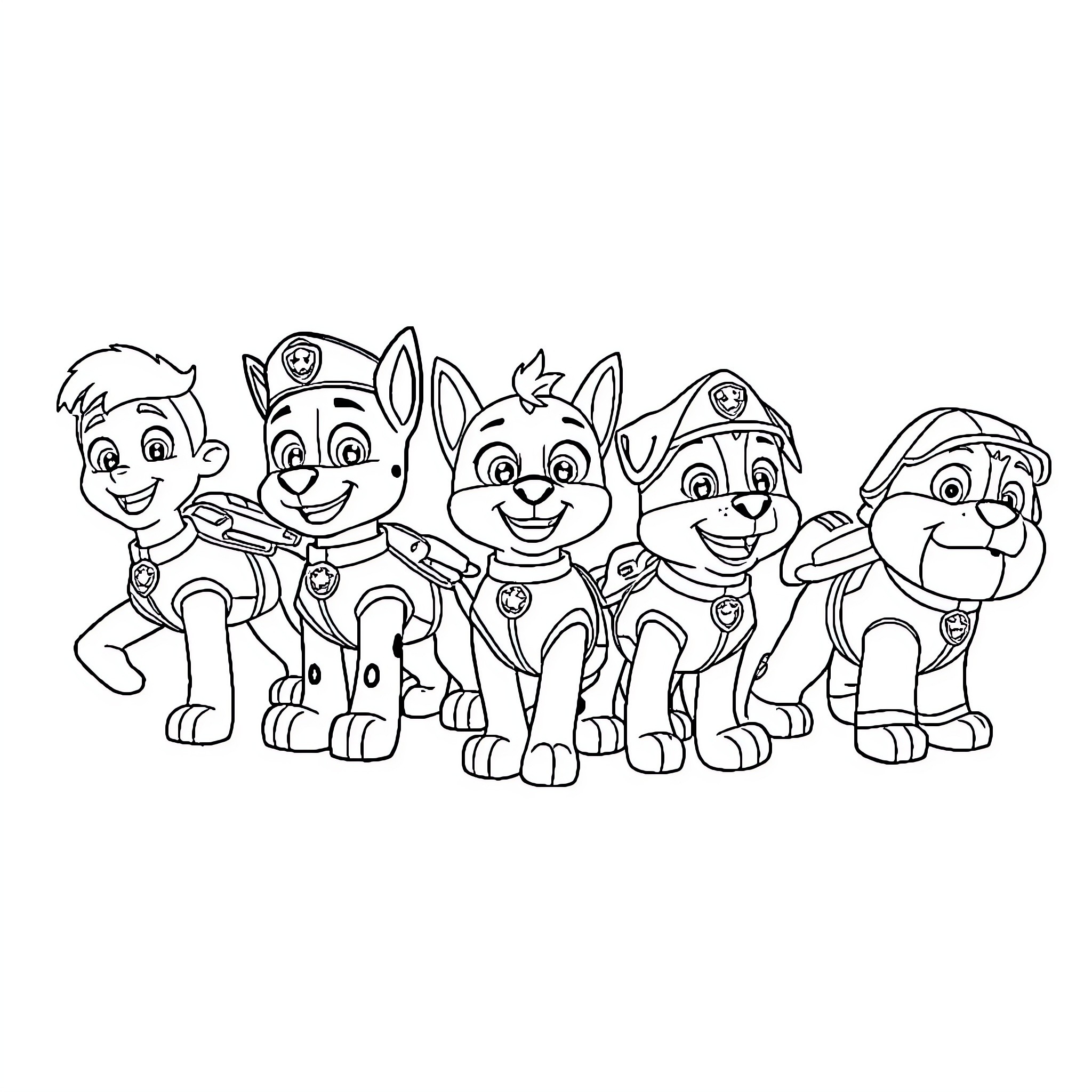 Paw Patrol team ready for action Coloring Page (free black-and-white line drawing printable PDF for all, from beginners to advanced learners, including children, teens, adults, and seniors)