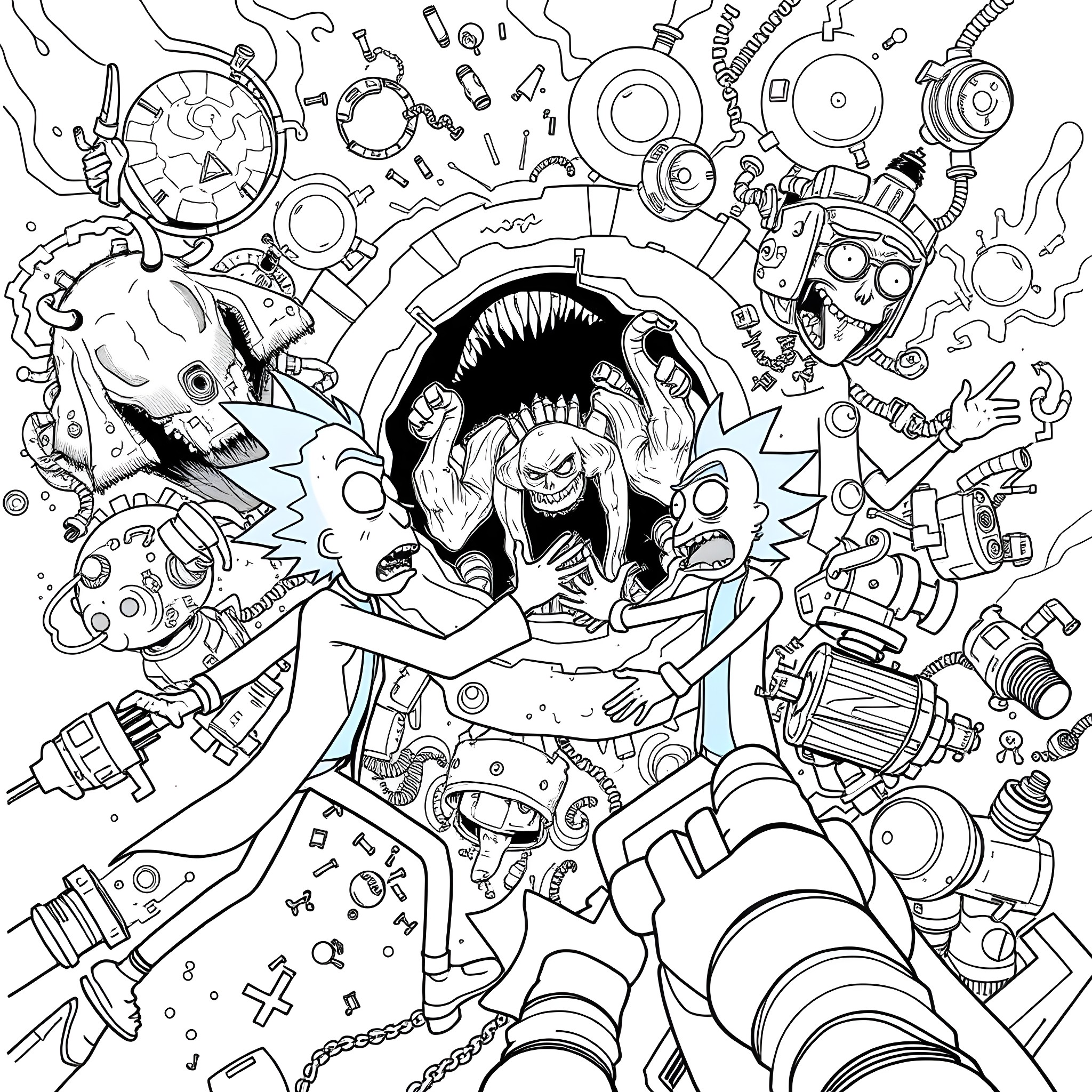Rick And Morty: Chaotic Interdimensional Adventure Coloring Page (free black-and-white line drawing printable PDF for all, from beginners to advanced learners, including children, teens, adults, and seniors)
