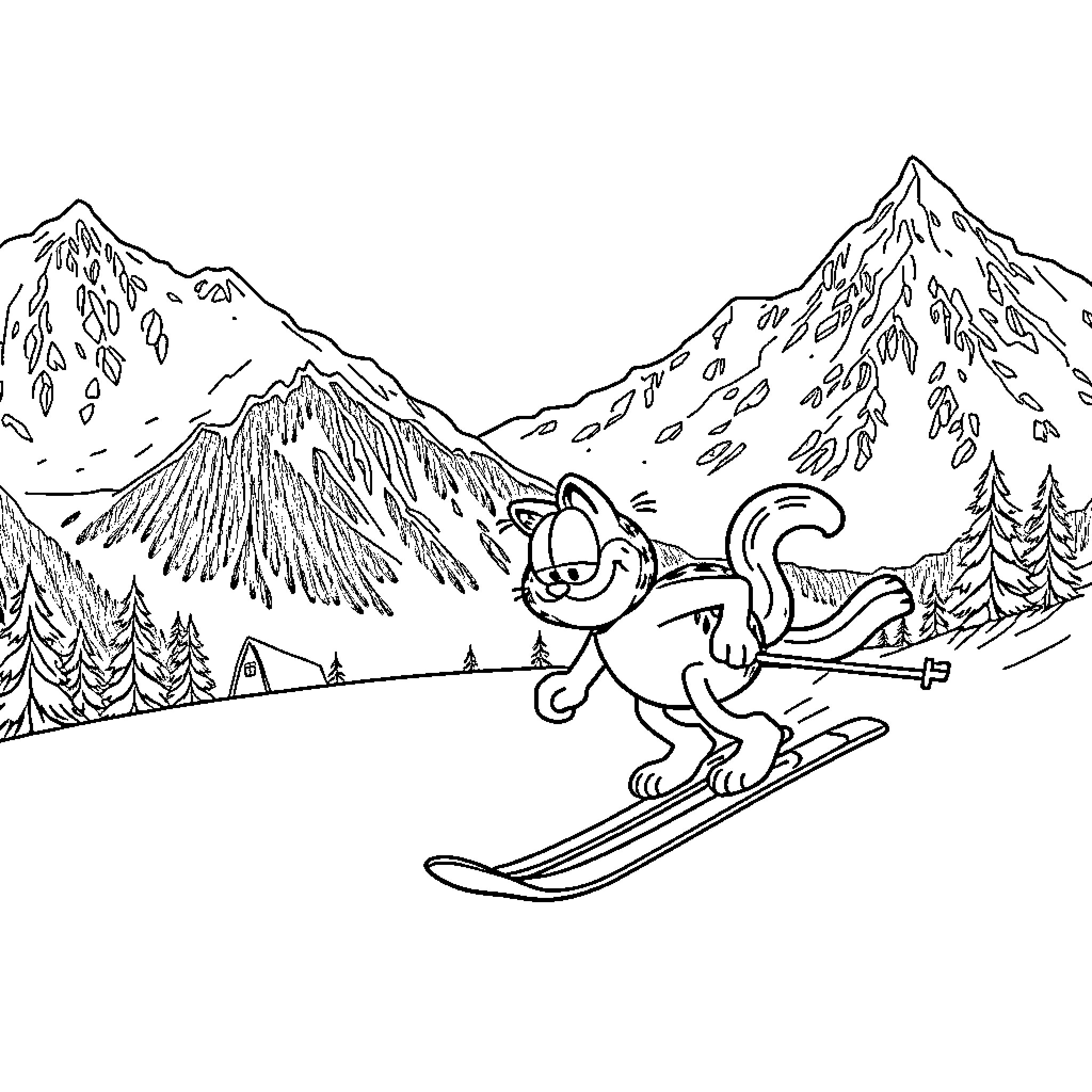 Garfield skiing through the snowy mountains Coloring Page (free black-and-white line drawing printable PDF for all, from beginners to advanced learners, including children, teens, adults, and seniors)