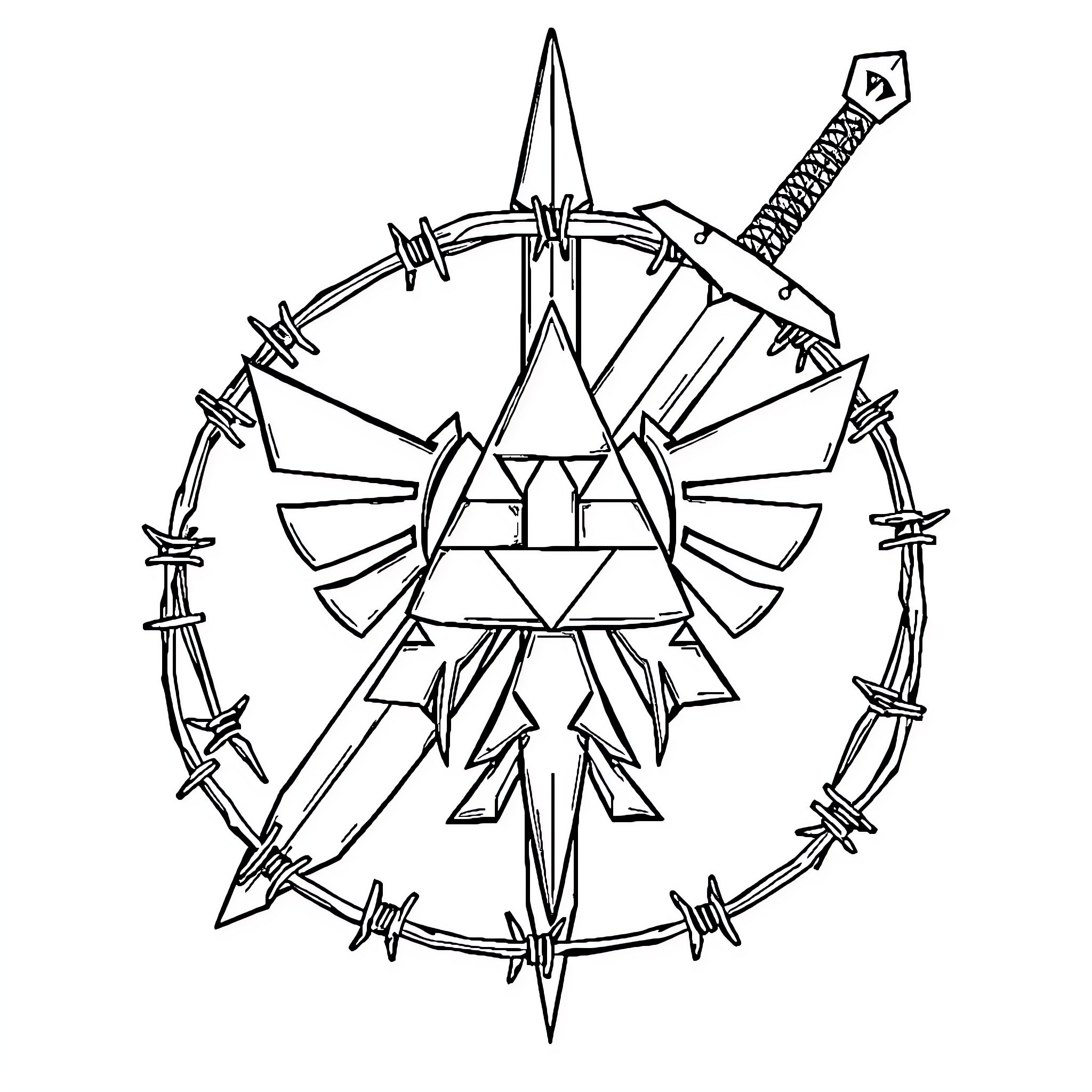 Triforce of Power Surrounded by Thorns Coloring Page (free black-and-white line drawing printable PDF for all, from beginners to advanced learners, including children, teens, adults, and seniors)