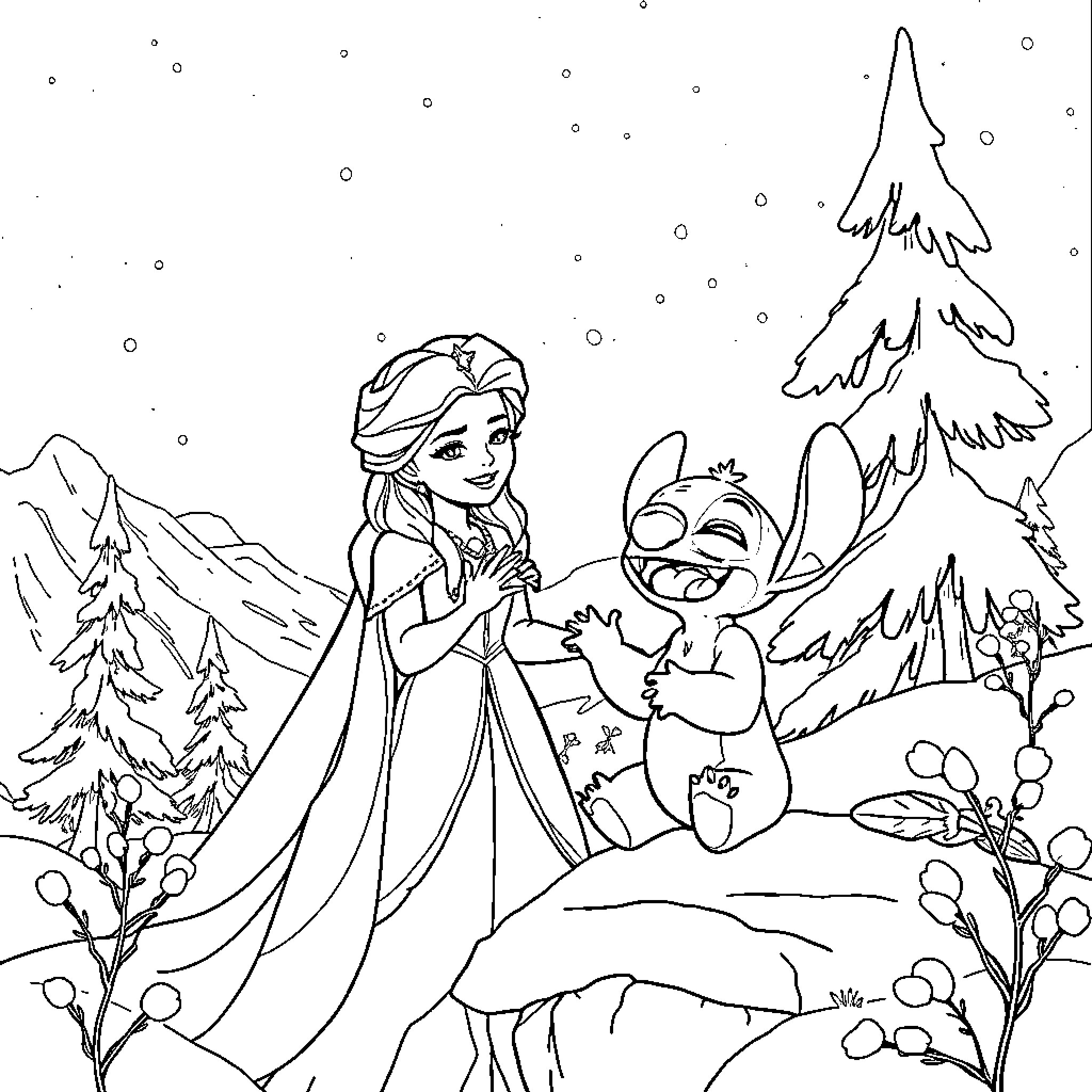 Queen and her Magical Companion in a Snowy Wonderland Coloring Page (free black-and-white line drawing printable PDF for all, from beginners to advanced learners, including children, teens, adults, and seniors)
