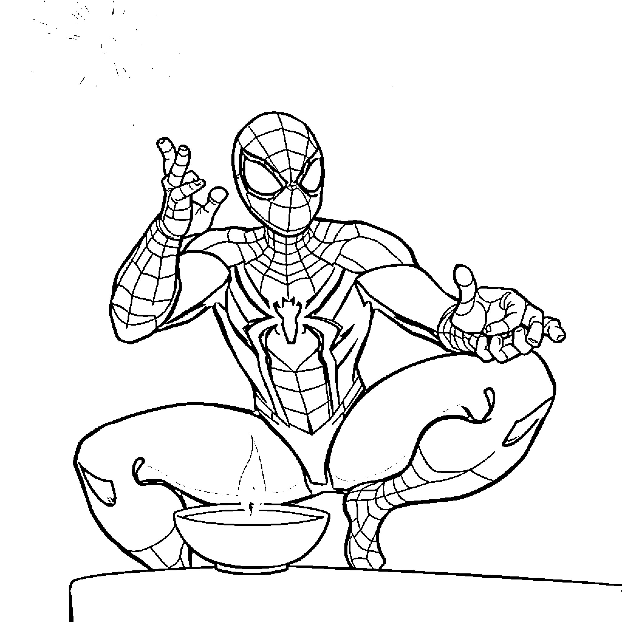 Spider-Man striking heroic pose with web-slinging action Coloring Page (free black-and-white line drawing printable PDF for all, from beginners to advanced learners, including children, teens, adults, and seniors)