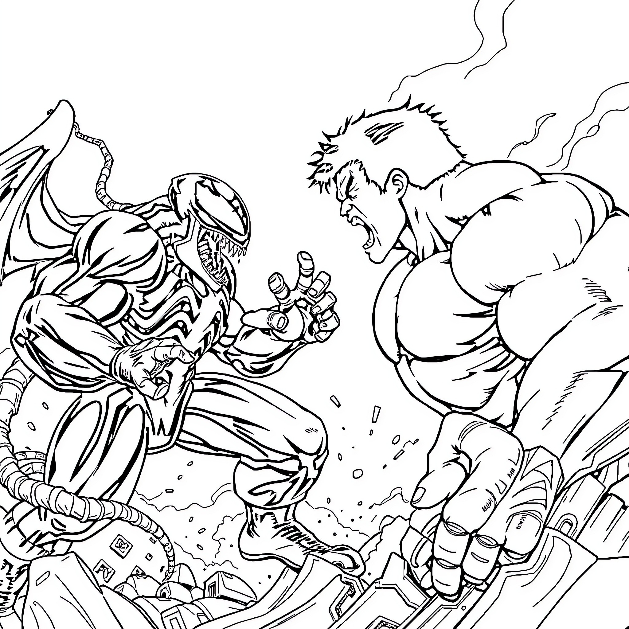 Hulk's Fierce Battle Against the Alien Creature Coloring Page (free black-and-white line drawing printable PDF for all, from beginners to advanced learners, including children, teens, adults, and seniors)