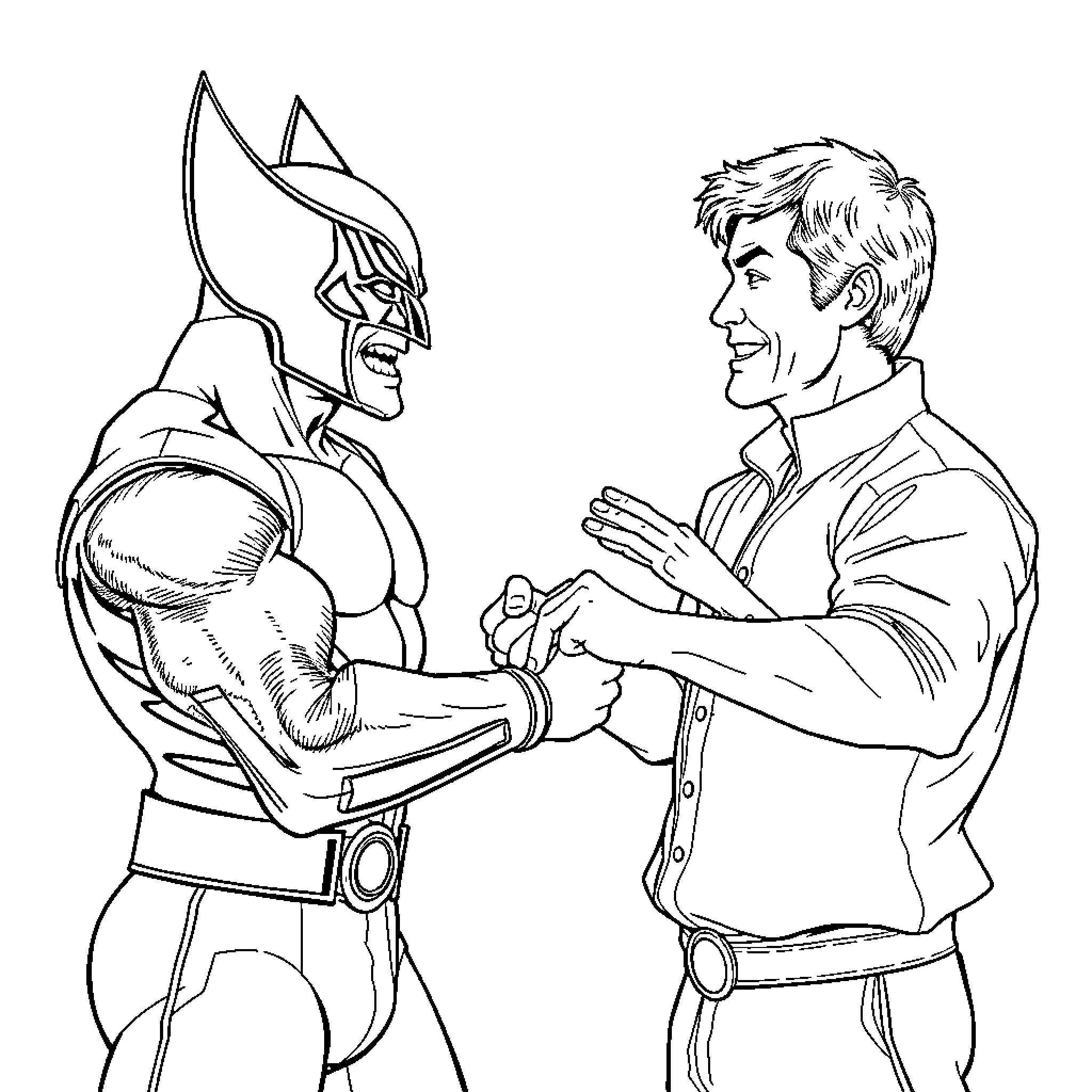Wolverine interacting with an enthusiastic young man Coloring Page (free black-and-white line drawing printable PDF for all, from beginners to advanced learners, including children, teens, adults, and seniors)