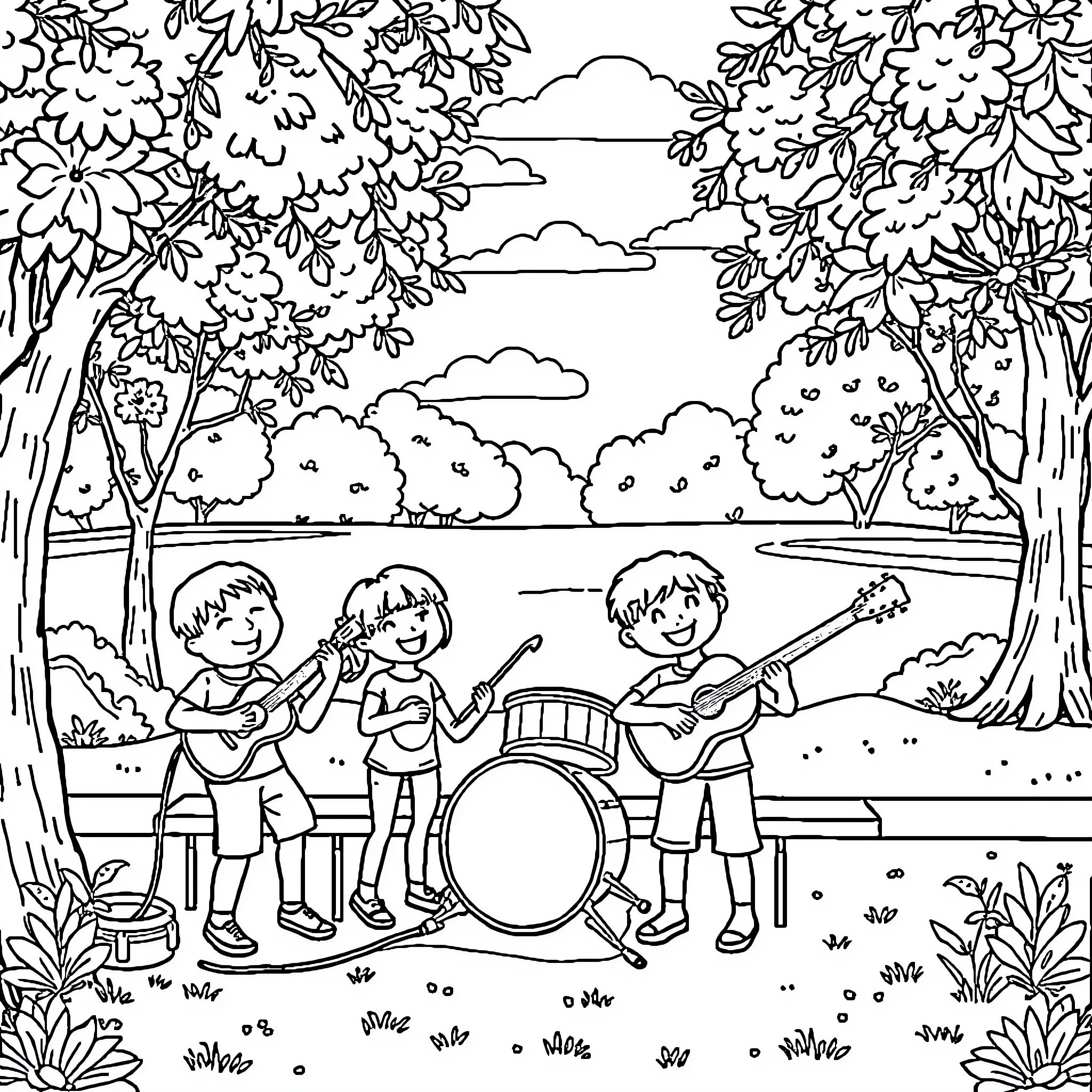Kid musicians perform outdoors in nature Coloring Page (free black-and-white line drawing printable PDF for all, from beginners to advanced learners, including children, teens, adults, and seniors)