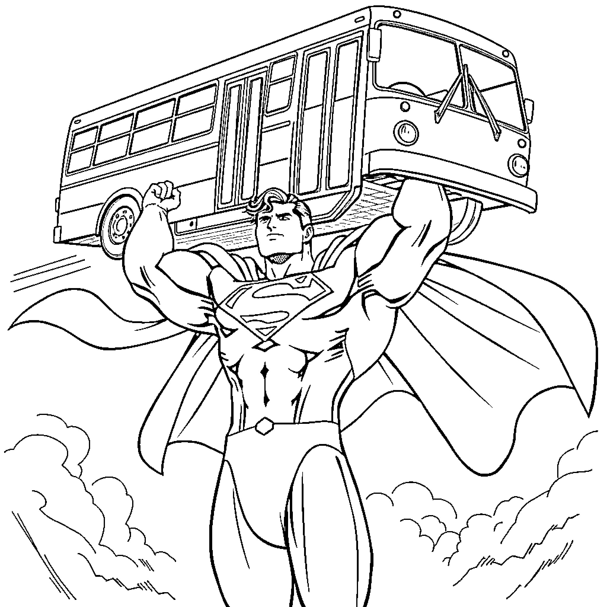 Superman stops a runaway bus in the city Coloring Page (free black-and-white line drawing printable PDF for all, from beginners to advanced learners, including children, teens, adults, and seniors)