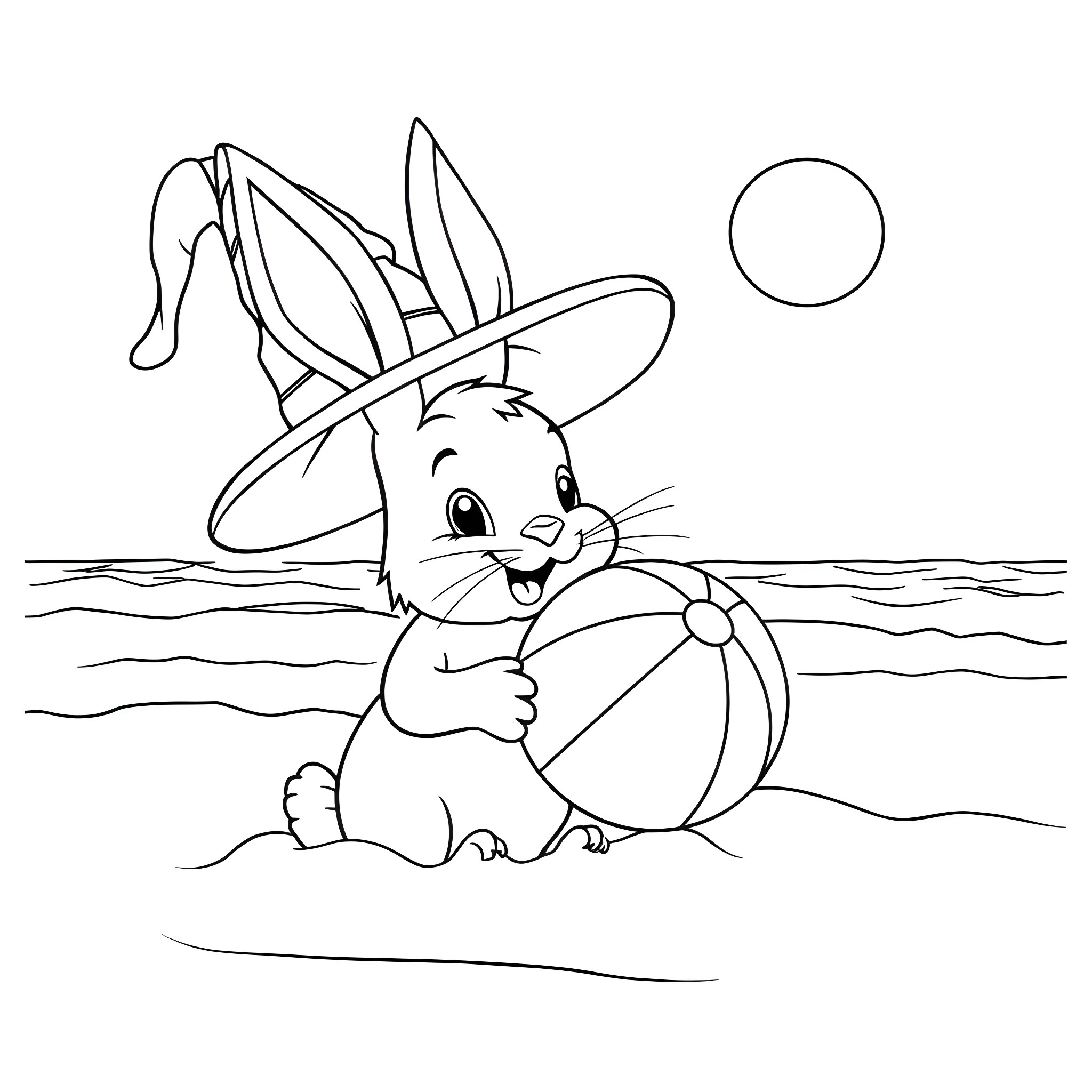 Bunny playing happily with beach ball on the beach Coloring Page (free black-and-white line drawing printable PDF for all, from beginners to advanced learners, including children, teens, adults, and seniors)
