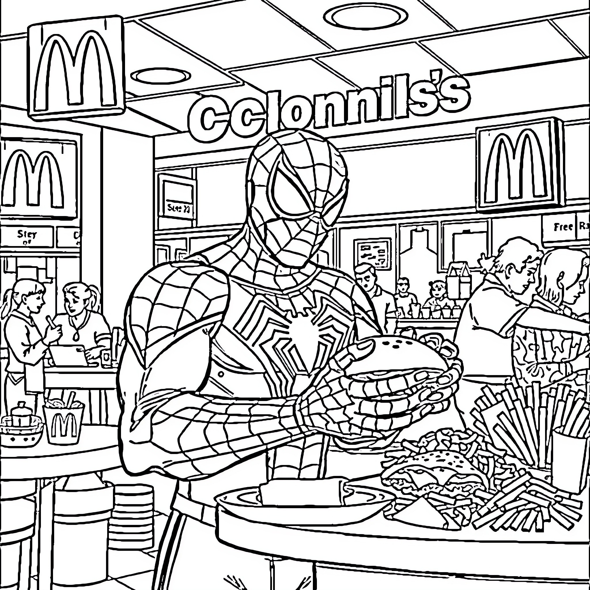 Spiderman helps out at the Mcdonald's store Coloring Page (free black-and-white line drawing printable PDF for all, from beginners to advanced learners, including children, teens, adults, and seniors)