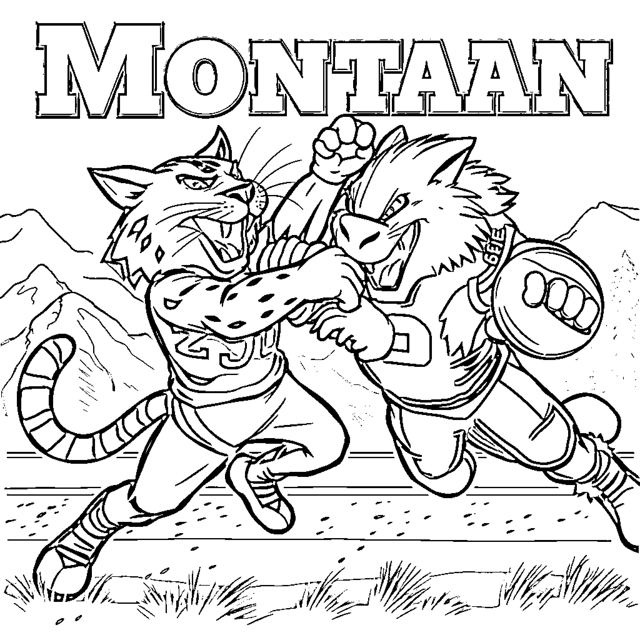 Bobcat Wrestlers Battling Fiercely in the Mountains Coloring Page (free black-and-white line drawing printable PDF for all, from beginners to advanced learners, including children, teens, adults, and seniors)