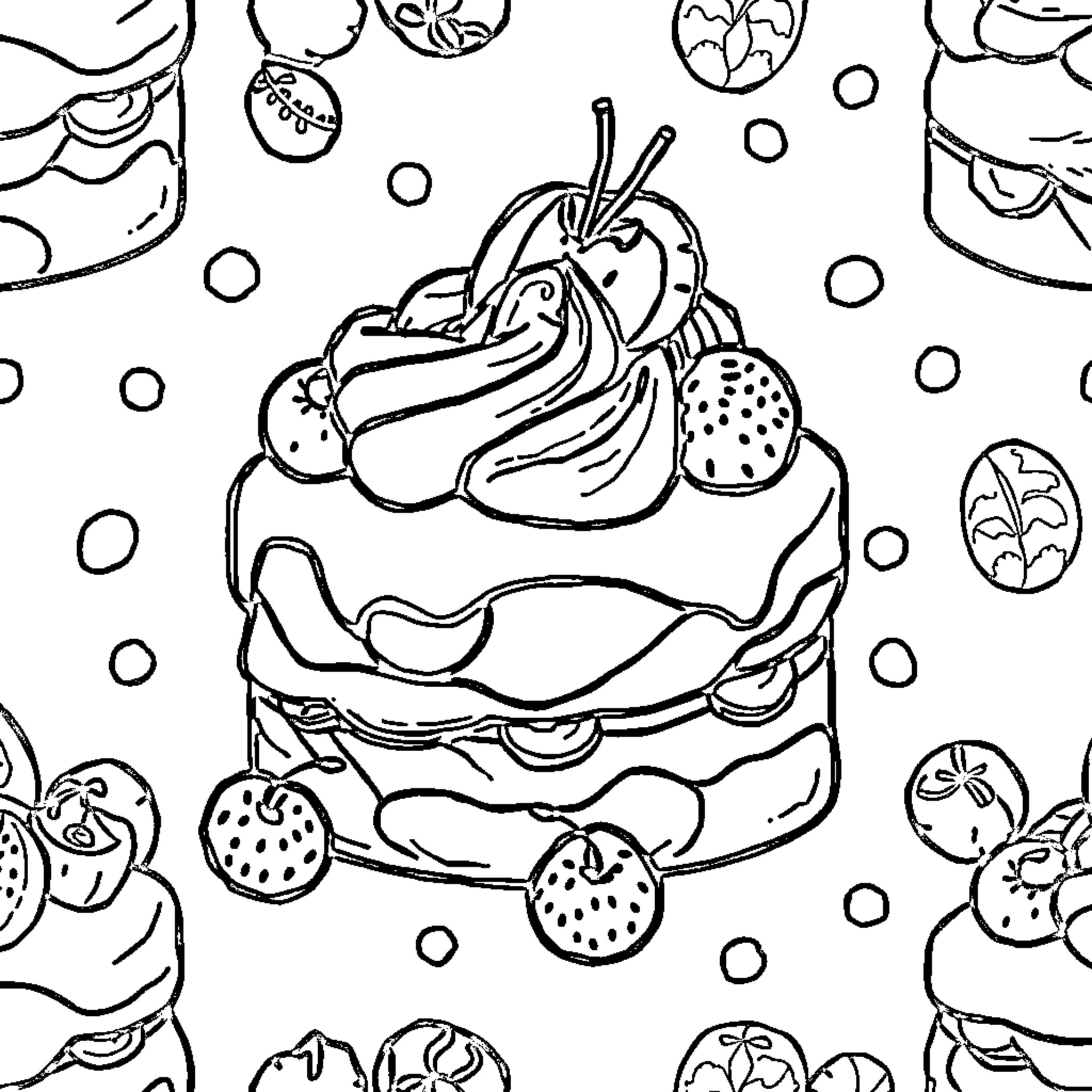 Dessert with Whimsical Treats and Patterns Coloring Page (free black-and-white line drawing printable PDF for all, from beginners to advanced learners, including children, teens, adults, and seniors)