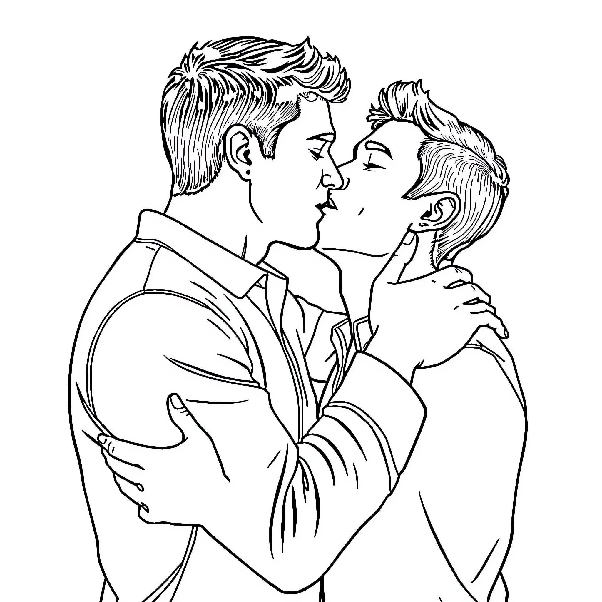 Man embracing woman affectionately Coloring Page (free black-and-white line drawing printable PDF for all, from beginners to advanced learners, including children, teens, adults, and seniors)