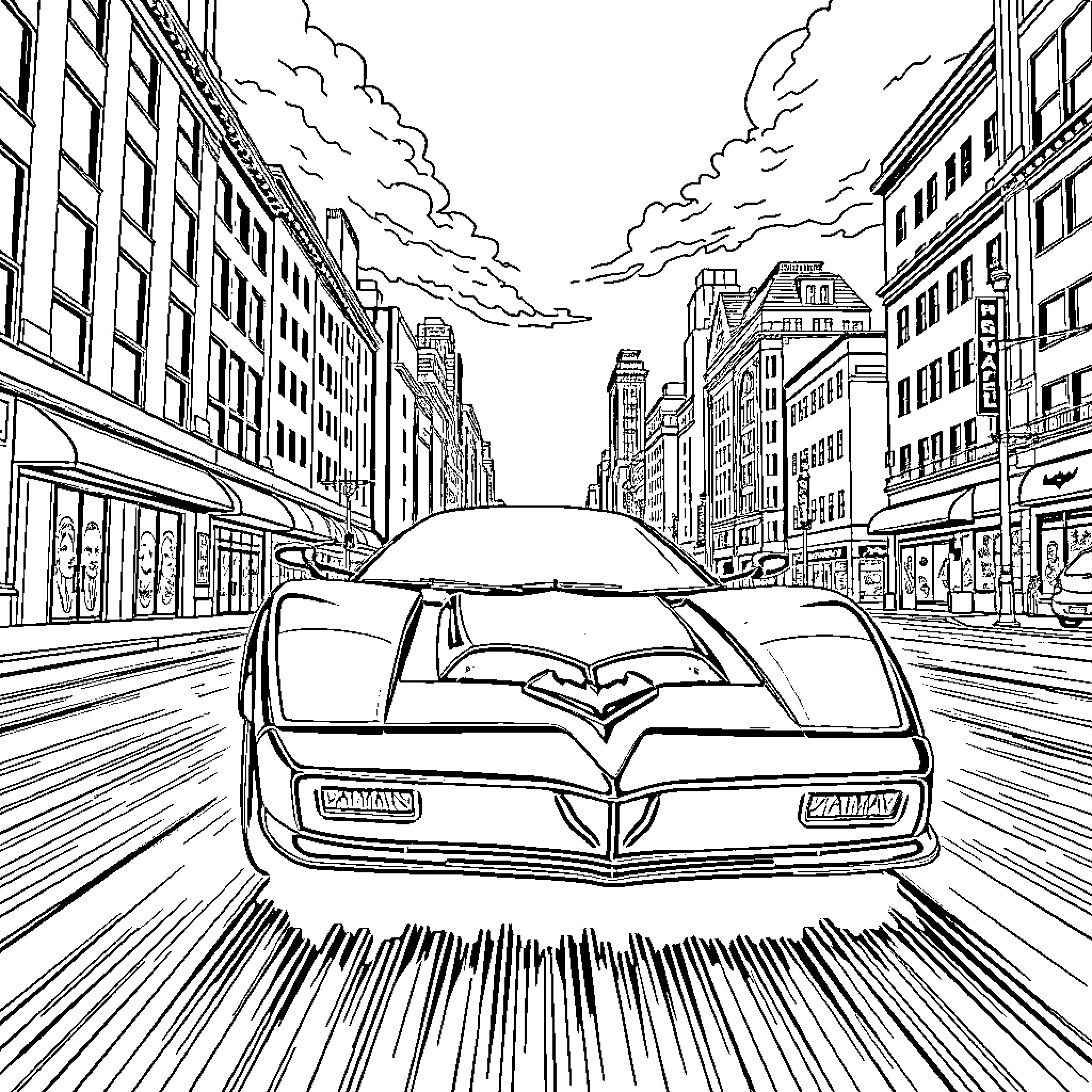 Batmobile speeding through the city streets Coloring Page (free black-and-white line drawing printable PDF for all, from beginners to advanced learners, including children, teens, adults, and seniors)