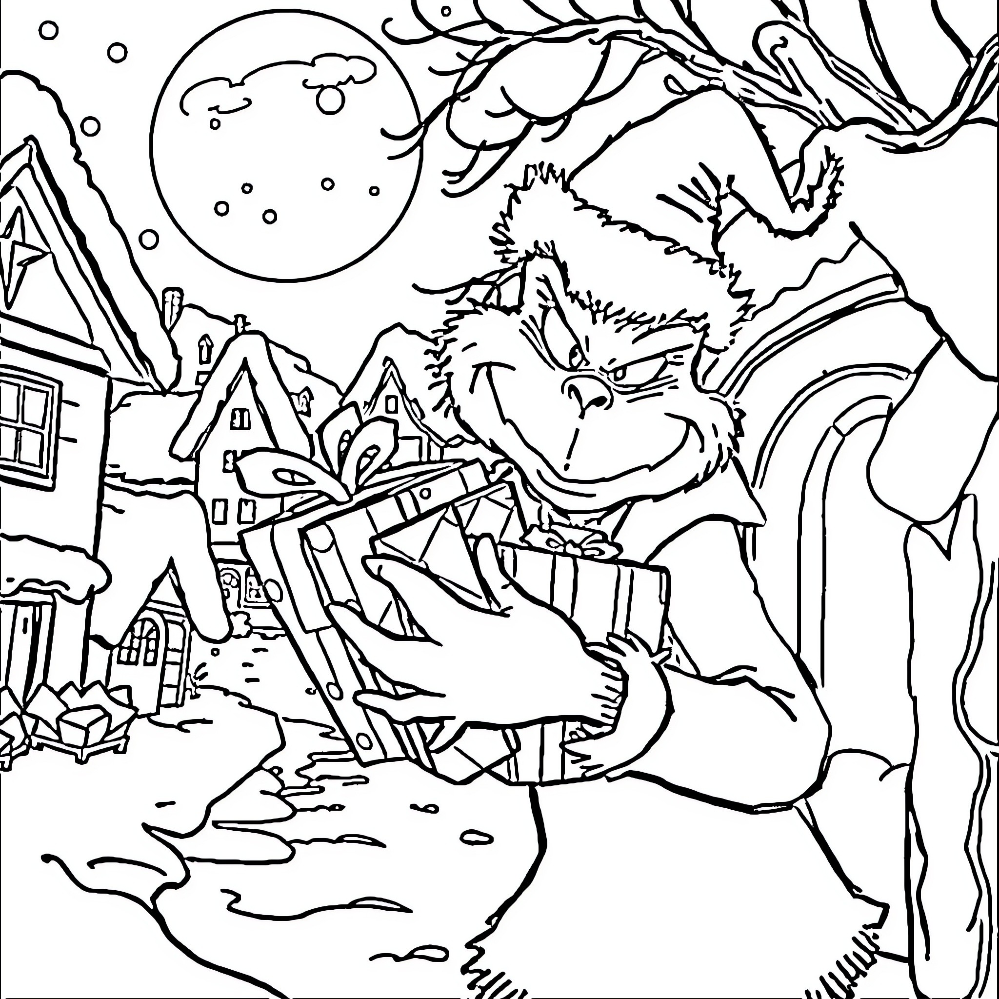 Grinch's Snowy Village Mischief Coloring Page (free black-and-white line drawing printable PDF for all, from beginners to advanced learners, including children, teens, adults, and seniors)