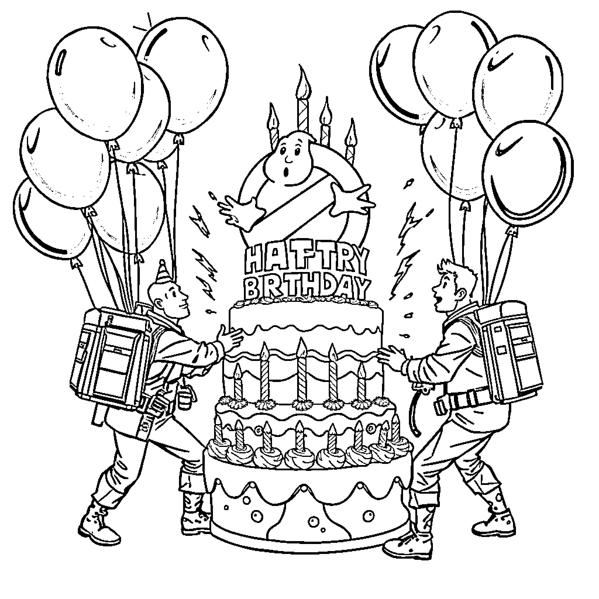Ghostbuster duo celebrating birthday with cake and balloons Coloring Page (free black-and-white line drawing printable PDF for all, from beginners to advanced learners, including children, teens, adults, and seniors)