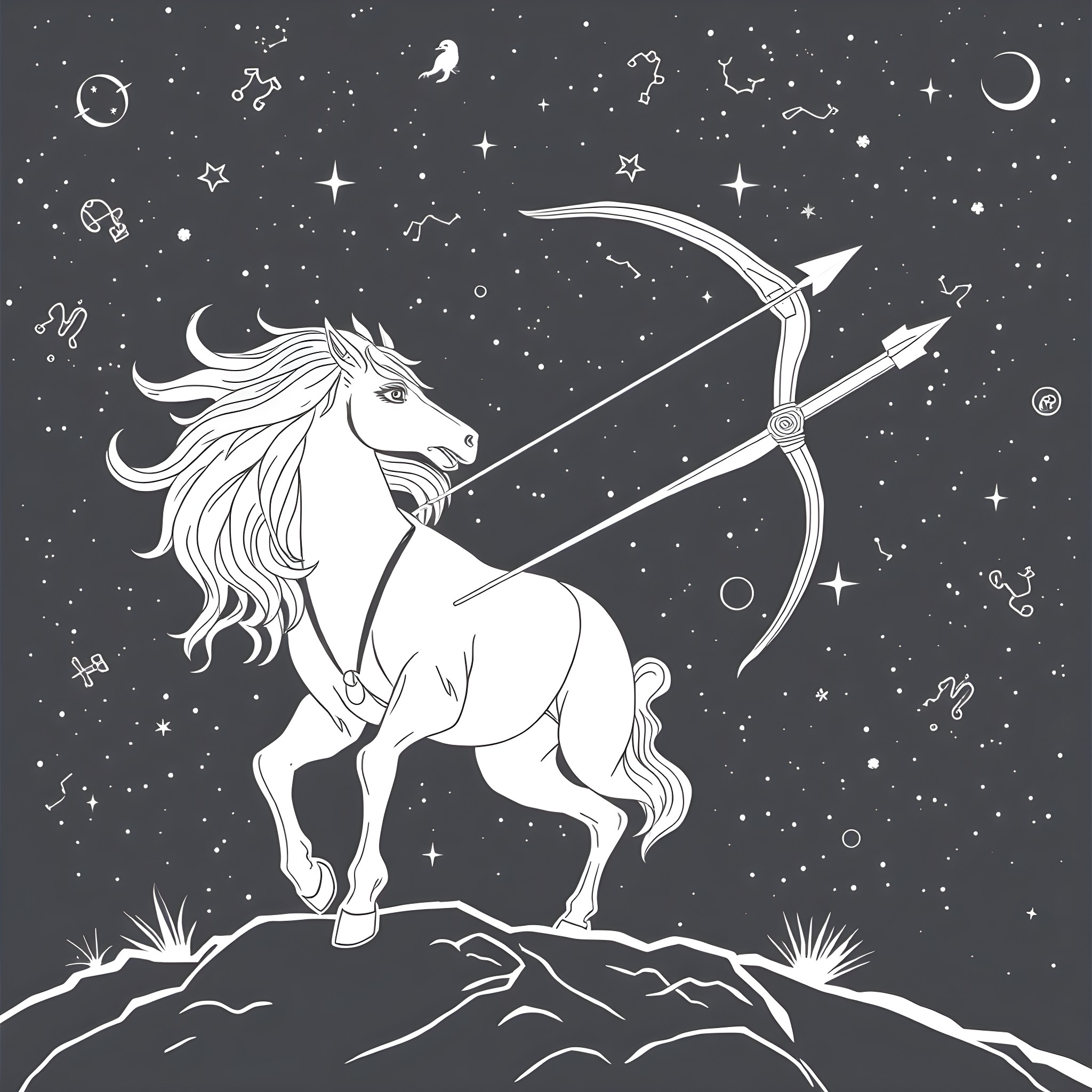 Sagittarius the Centaur archer in starry night sky Coloring Page (free black-and-white line drawing printable PDF for all, from beginners to advanced learners, including children, teens, adults, and seniors)
