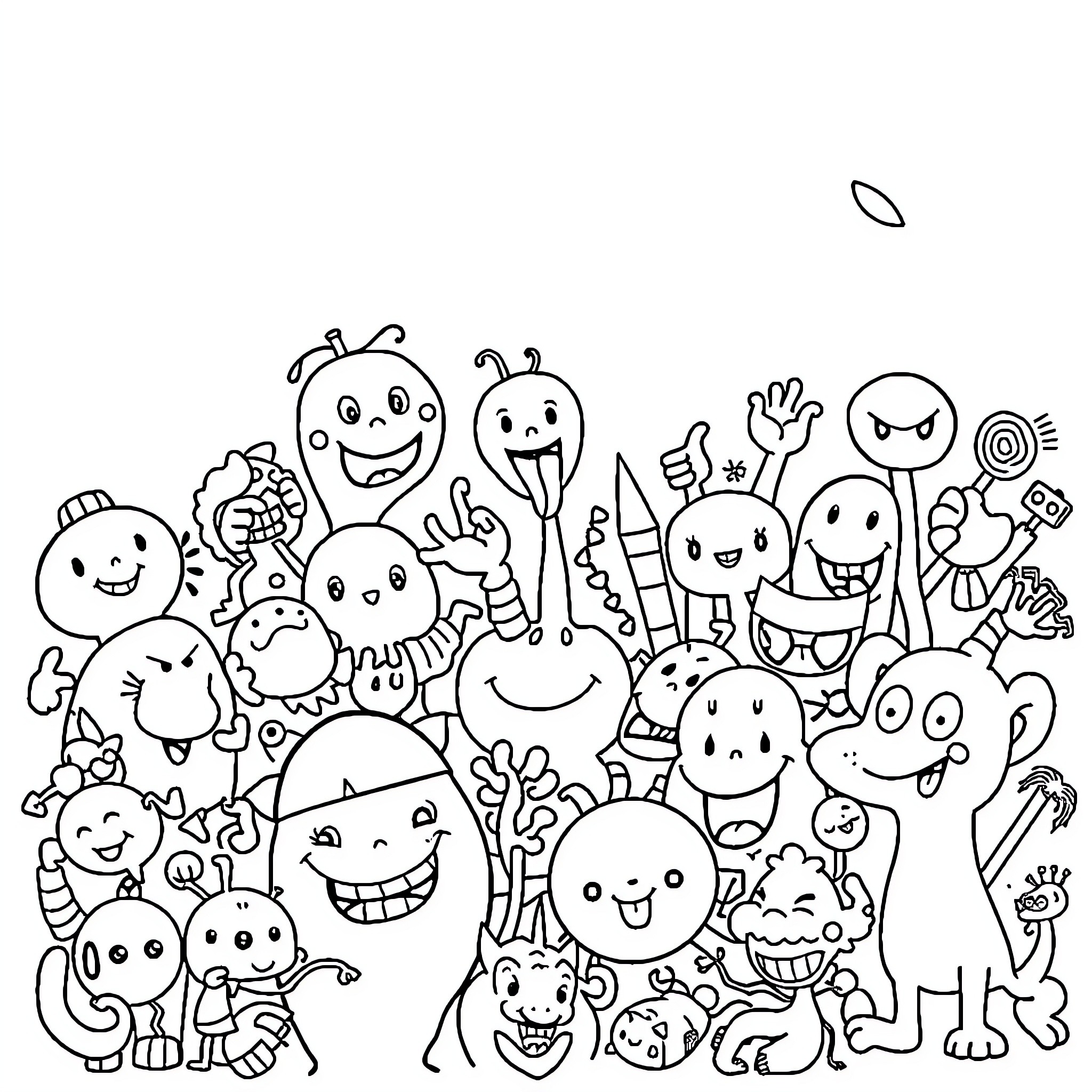 Doodleart of diverse, animated characters interacting Coloring Page (free black-and-white line drawing printable PDF for all, from beginners to advanced learners, including children, teens, adults, and seniors)
