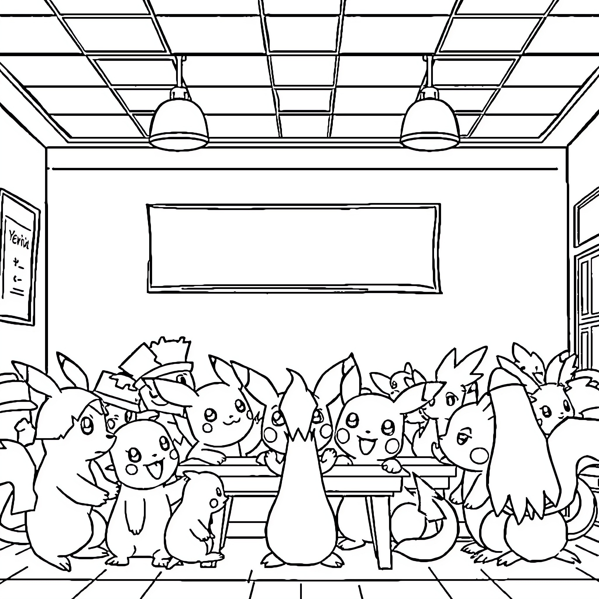 Pokémon Gathering in the Classroom Coloring Page (free black-and-white line drawing printable PDF for all, from beginners to advanced learners, including children, teens, adults, and seniors)