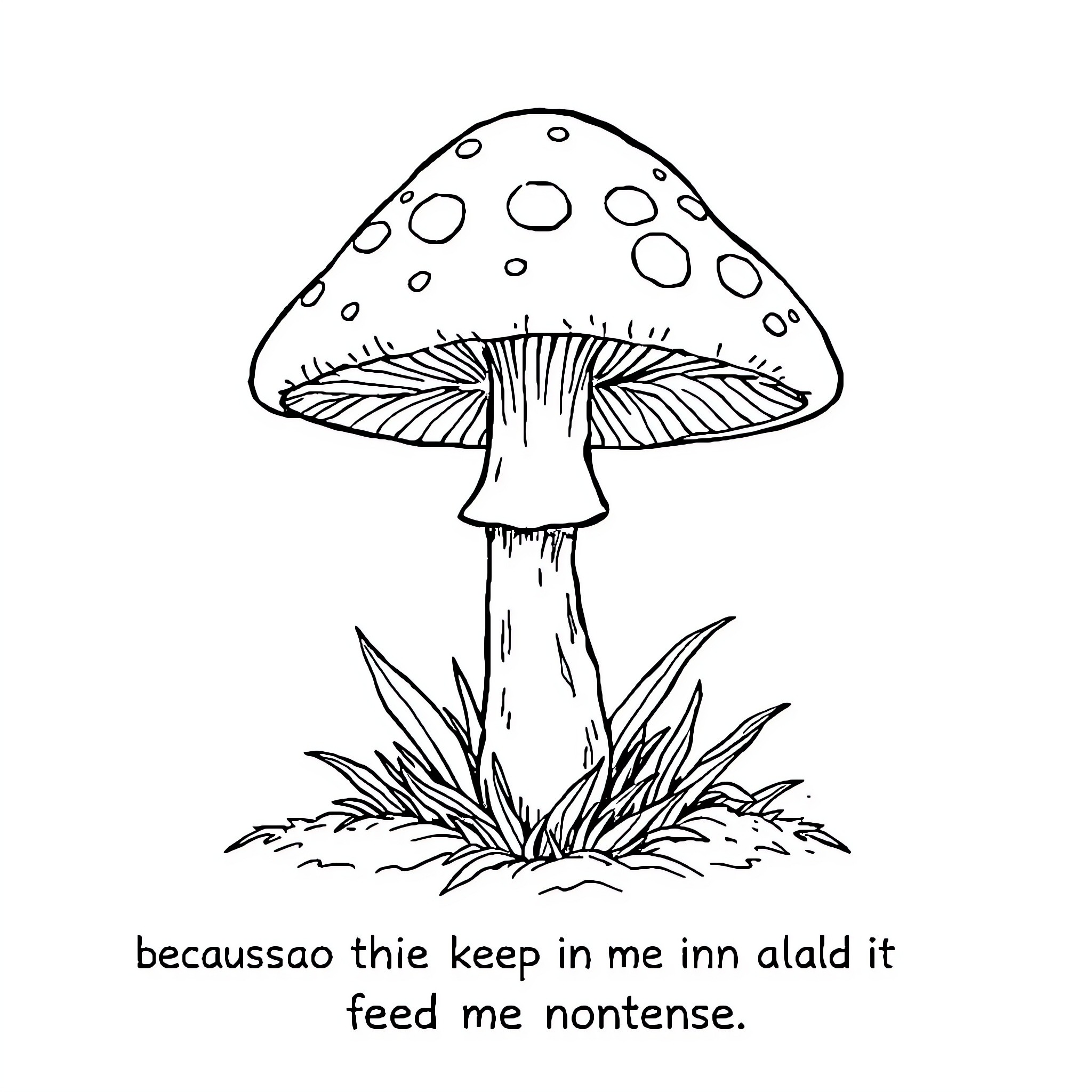 Mushroom with whimsical text Coloring Page (free black-and-white line drawing printable PDF for all, from beginners to advanced learners, including children, teens, adults, and seniors)