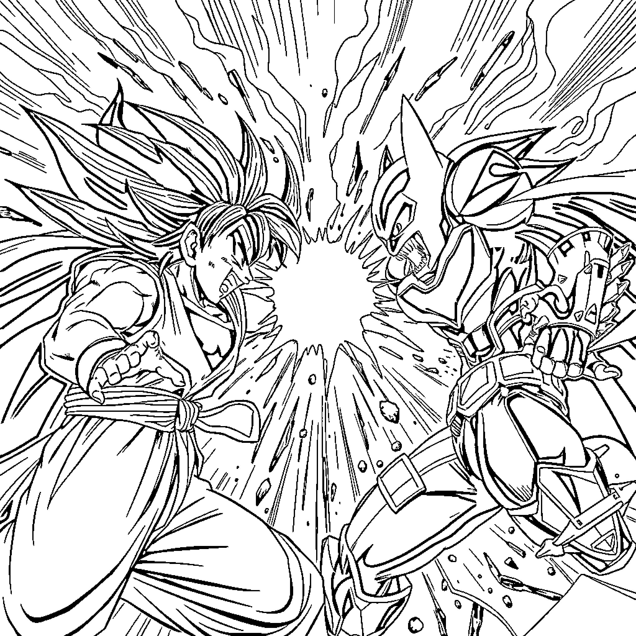Goku's Powerful Clash with Fearsome Opponent Coloring Page (free black-and-white line drawing printable PDF for all, from beginners to advanced learners, including children, teens, adults, and seniors)