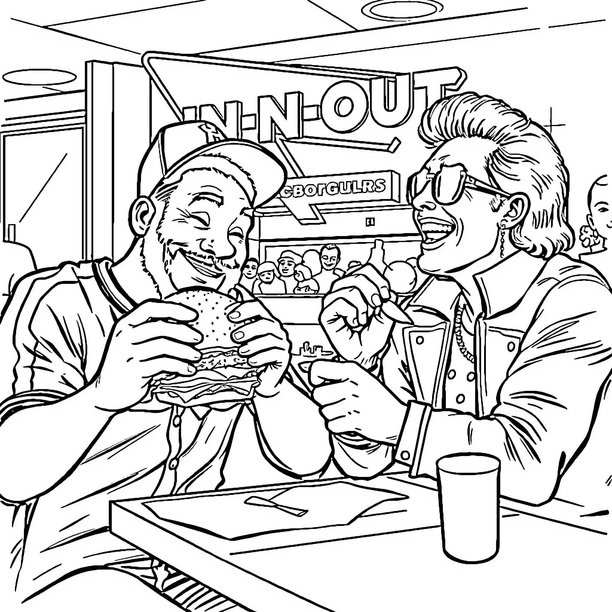 Ken Griffey Jr. Enjoying a Burger with Friends at a Diner Coloring Page (free black-and-white line drawing printable PDF for all, from beginners to advanced learners, including children, teens, adults, and seniors)