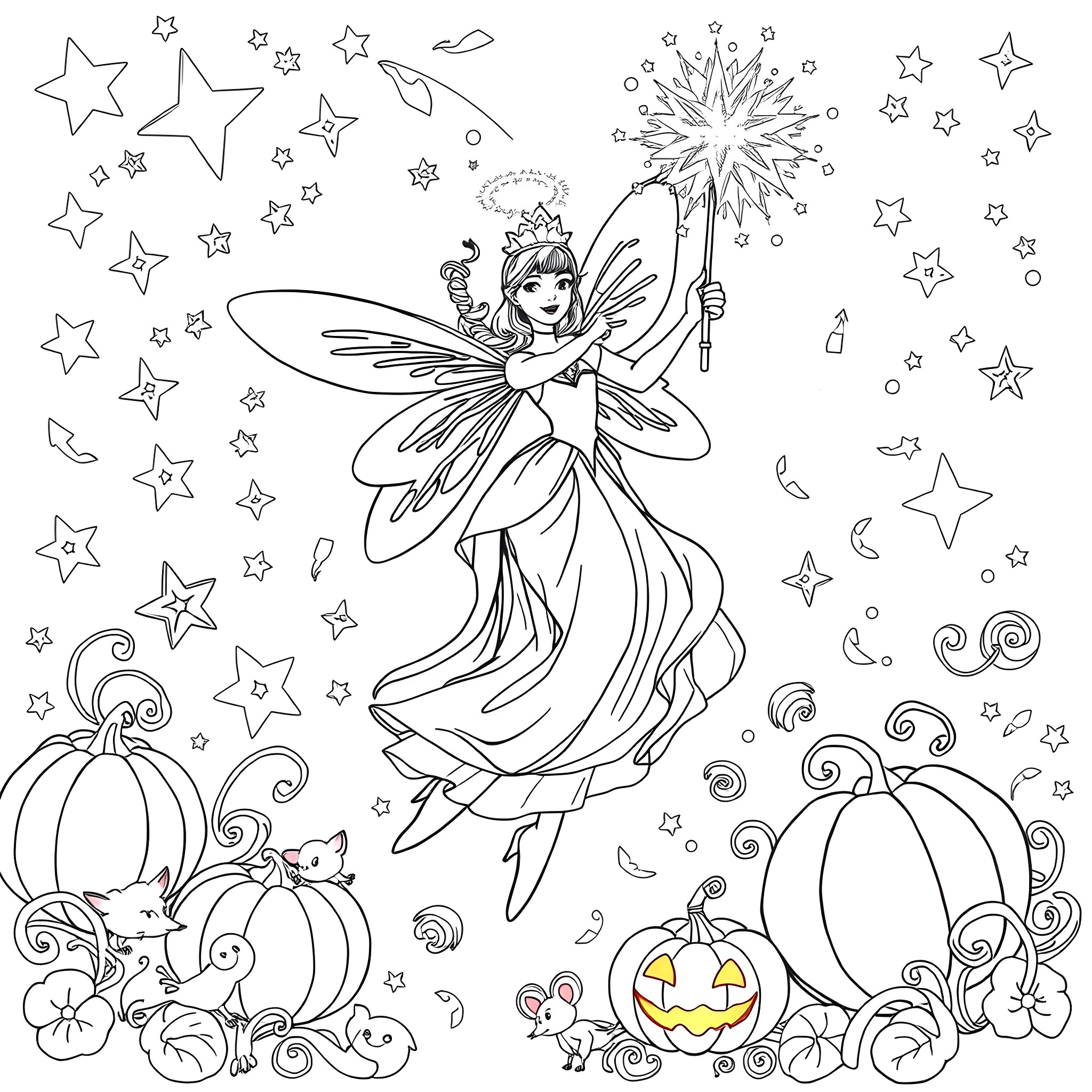 Fairy Godmother casting magical spells among stars and pumpkins Coloring Page (free black-and-white line drawing printable PDF for all, from beginners to advanced learners, including children, teens, adults, and seniors)
