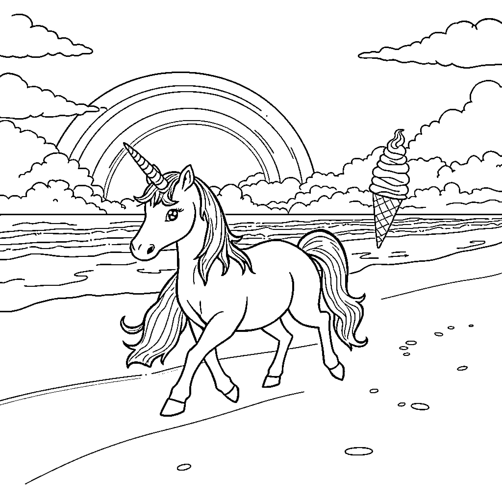 Unicorn frolicking in magical landscape Coloring Page (free black-and-white line drawing printable PDF for all, from beginners to advanced learners, including children, teens, adults, and seniors)