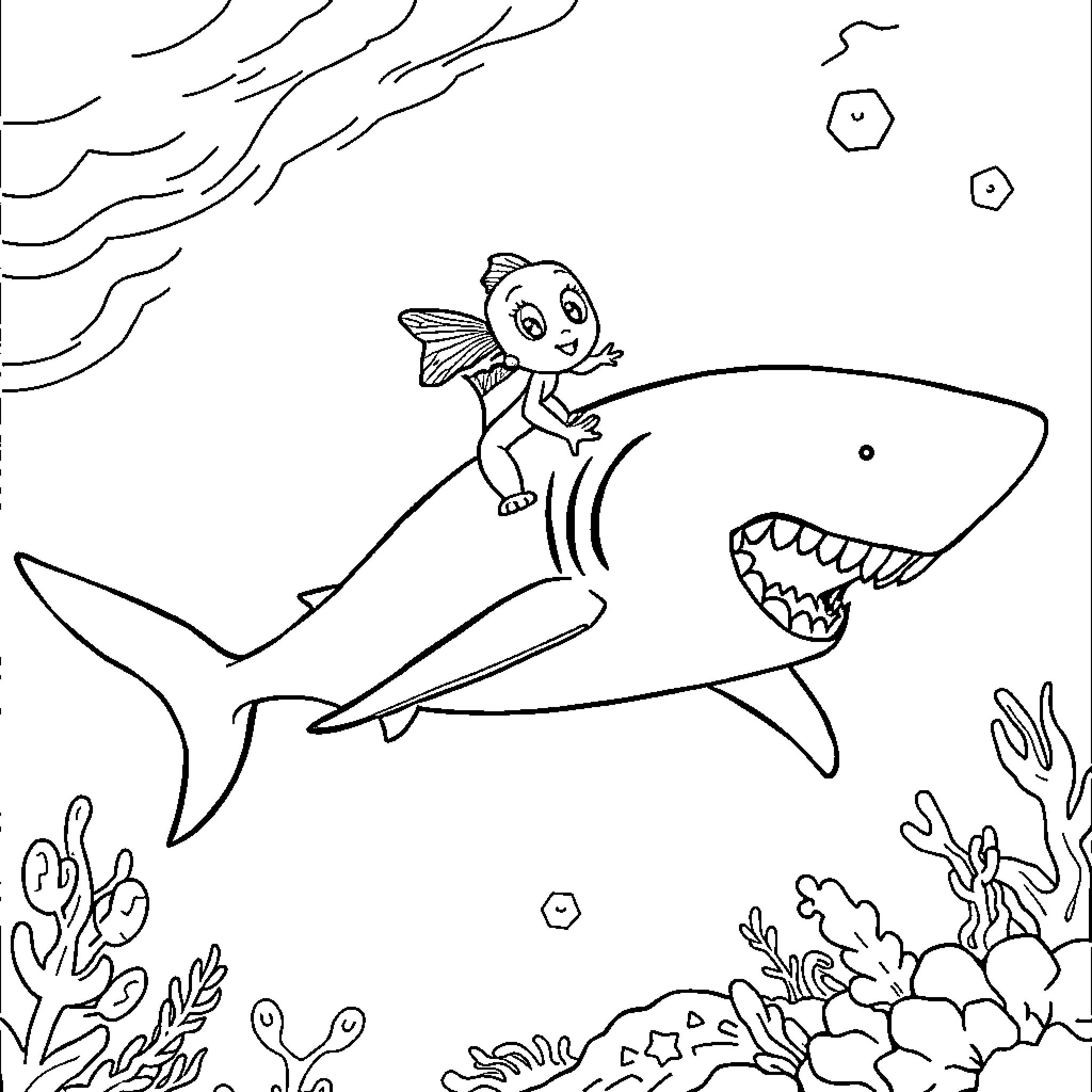 Guppy riding happily on a shark underwater Coloring Page (free black-and-white line drawing printable PDF for all, from beginners to advanced learners, including children, teens, adults, and seniors)