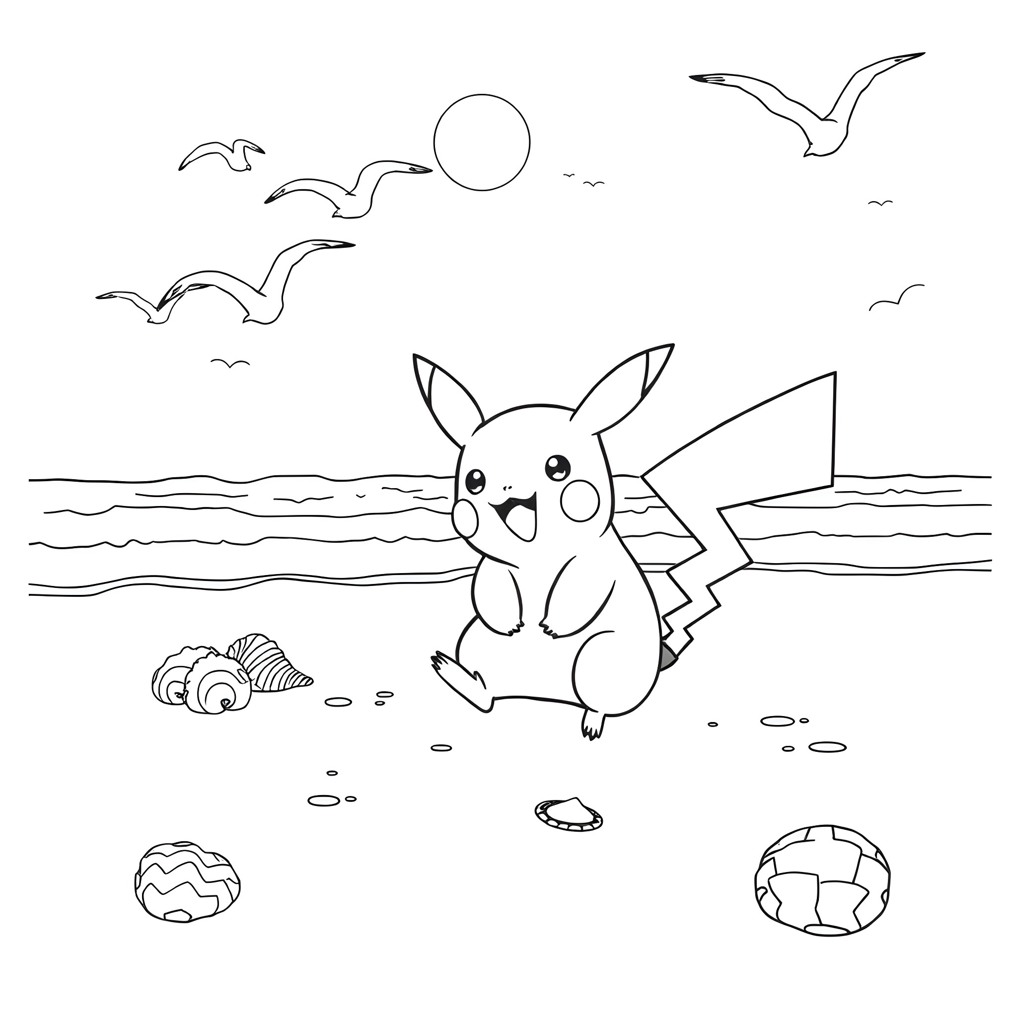 Pikachu enjoying a sunny day at the beach Coloring Page (free black-and-white line drawing printable PDF for all, from beginners to advanced learners, including children, teens, adults, and seniors)